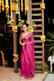 Sargun Saree Aangi Set featuring a pure organza saree with copper Gota border and handcrafted Bandhani Aangi by House of Baisa