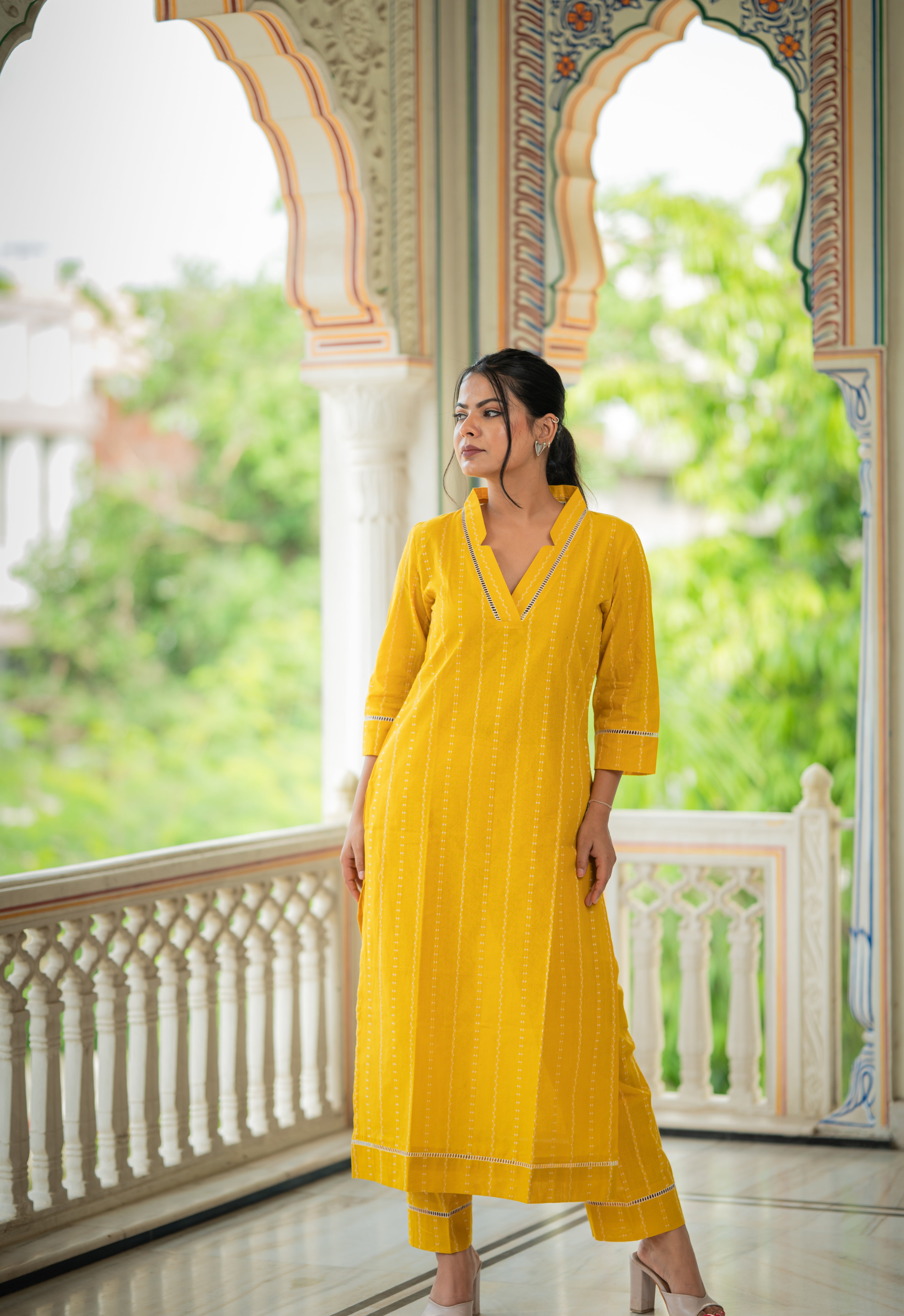 Andrea Yellow Laced Cotton Set