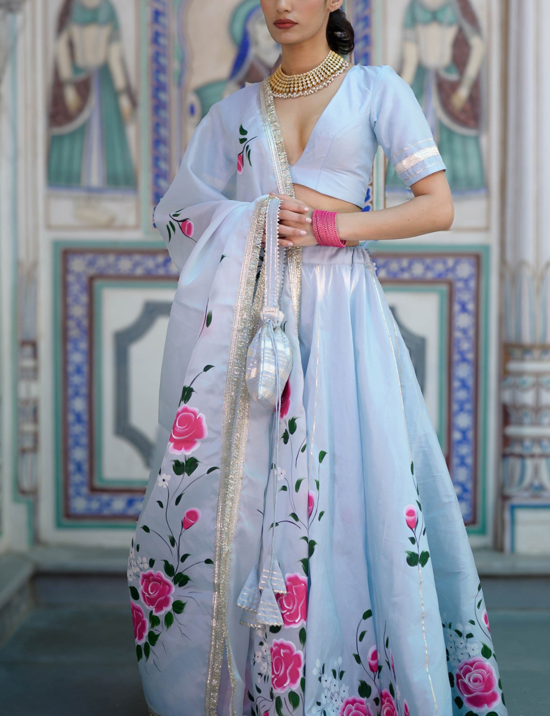 Blue satin lehenga set with net dupatta
