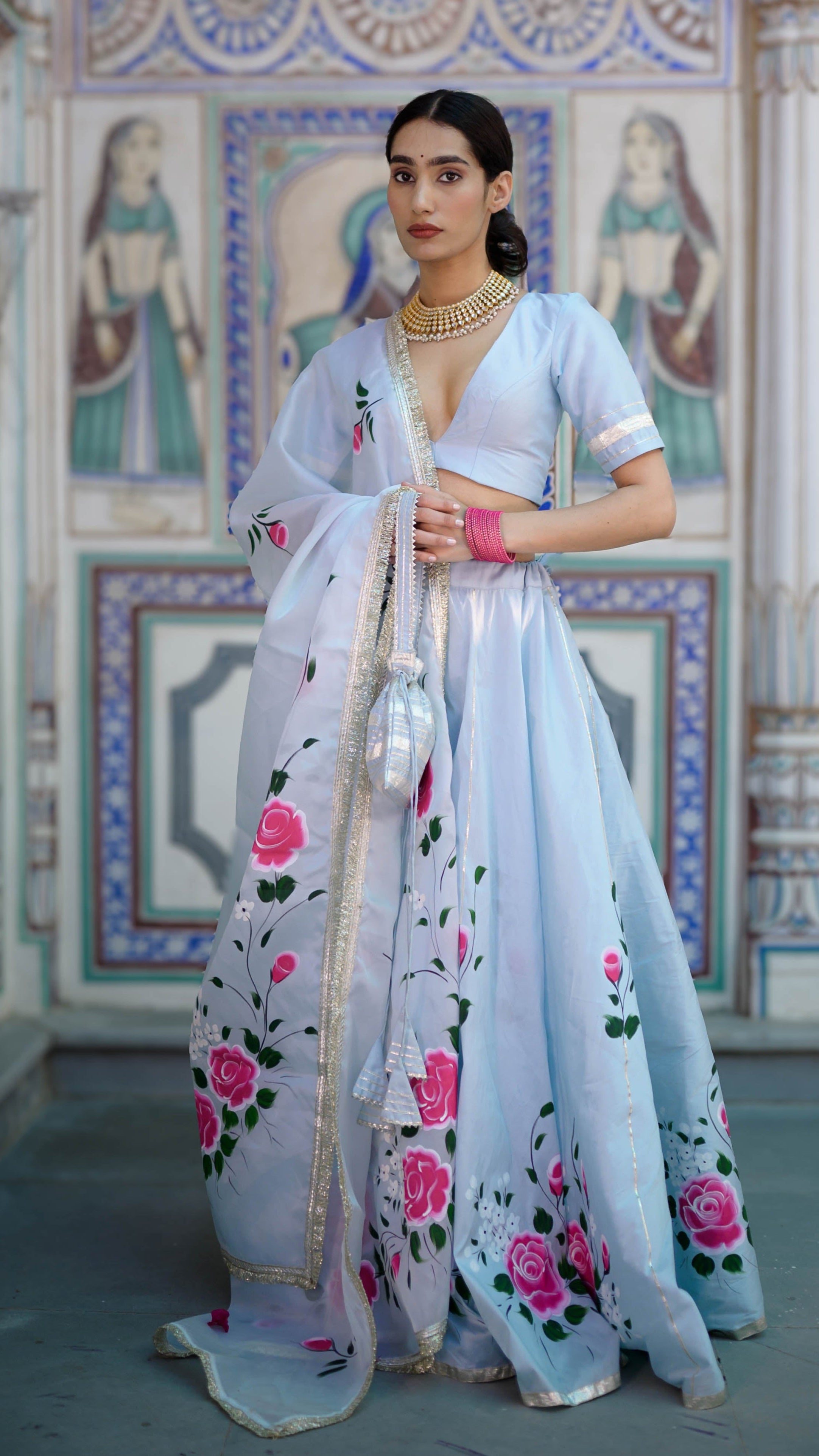 Blue satin lehenga set with net dupatta
