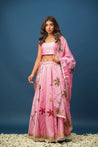 Full view of woman twirling in pink lehenga set for mehendi or wedding function


