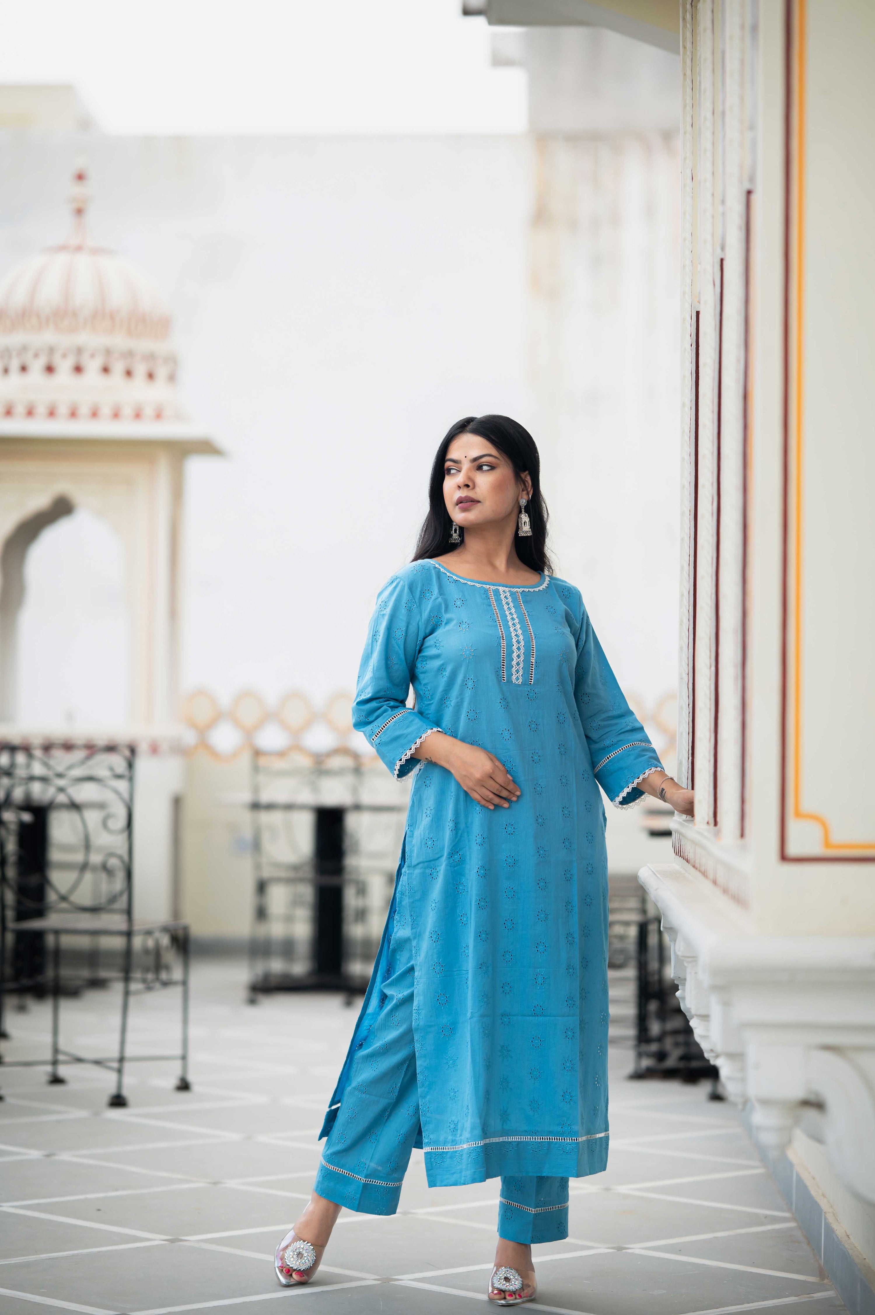 Blue  Laced Cotton Set
