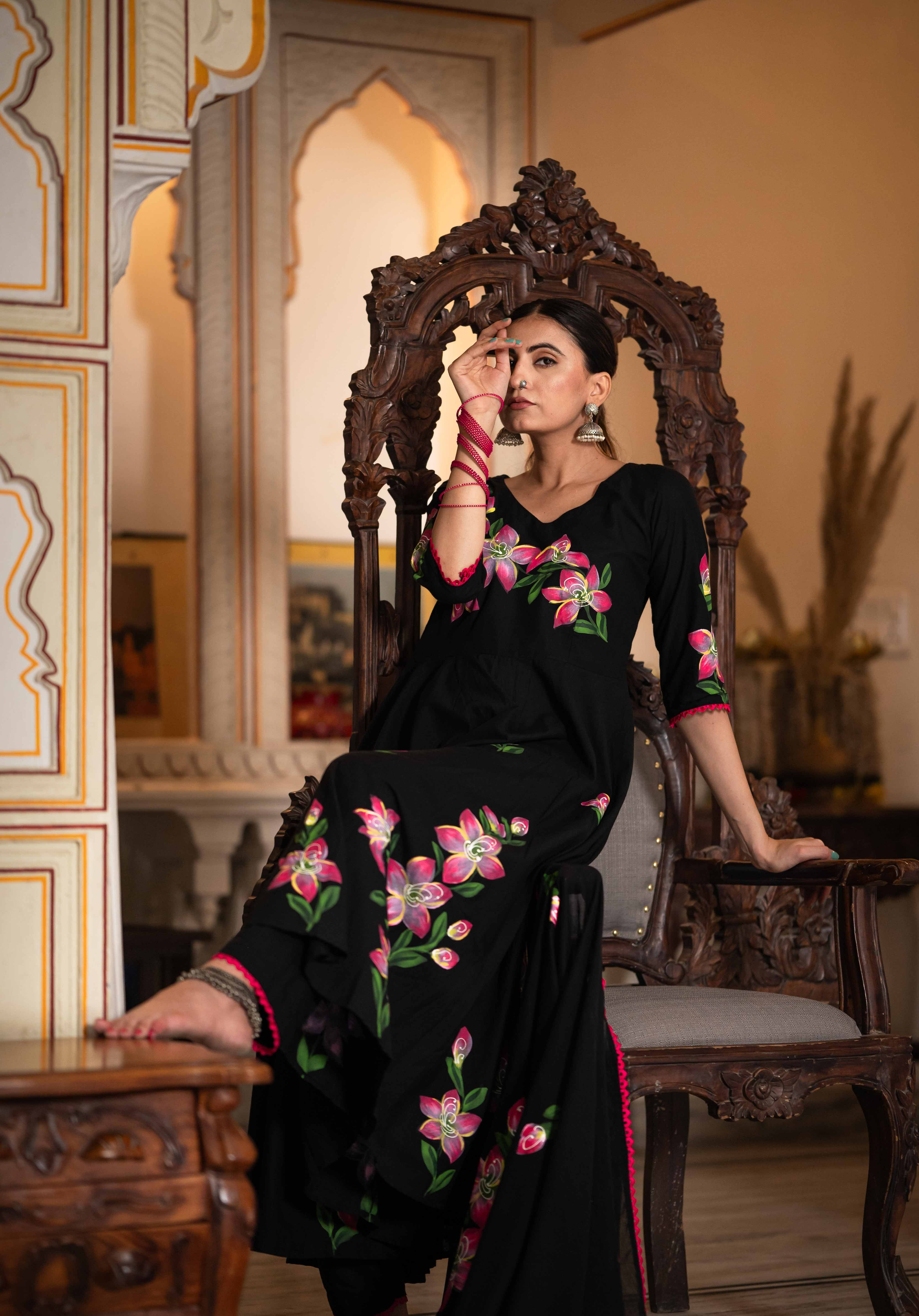 Najakat Black  Hand Painted Cotton Suit Set