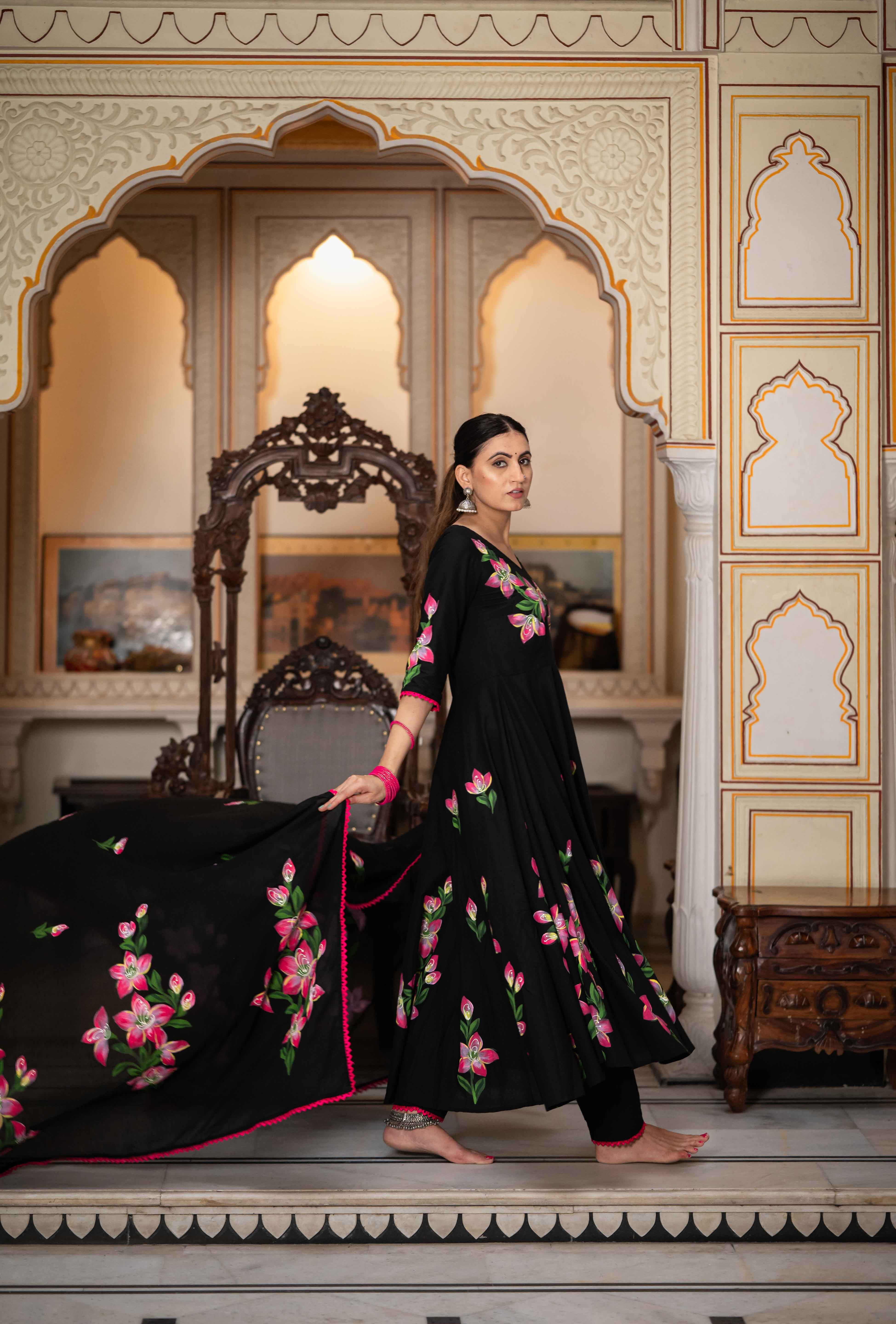 Najakat Black  Hand Painted Cotton Suit Set