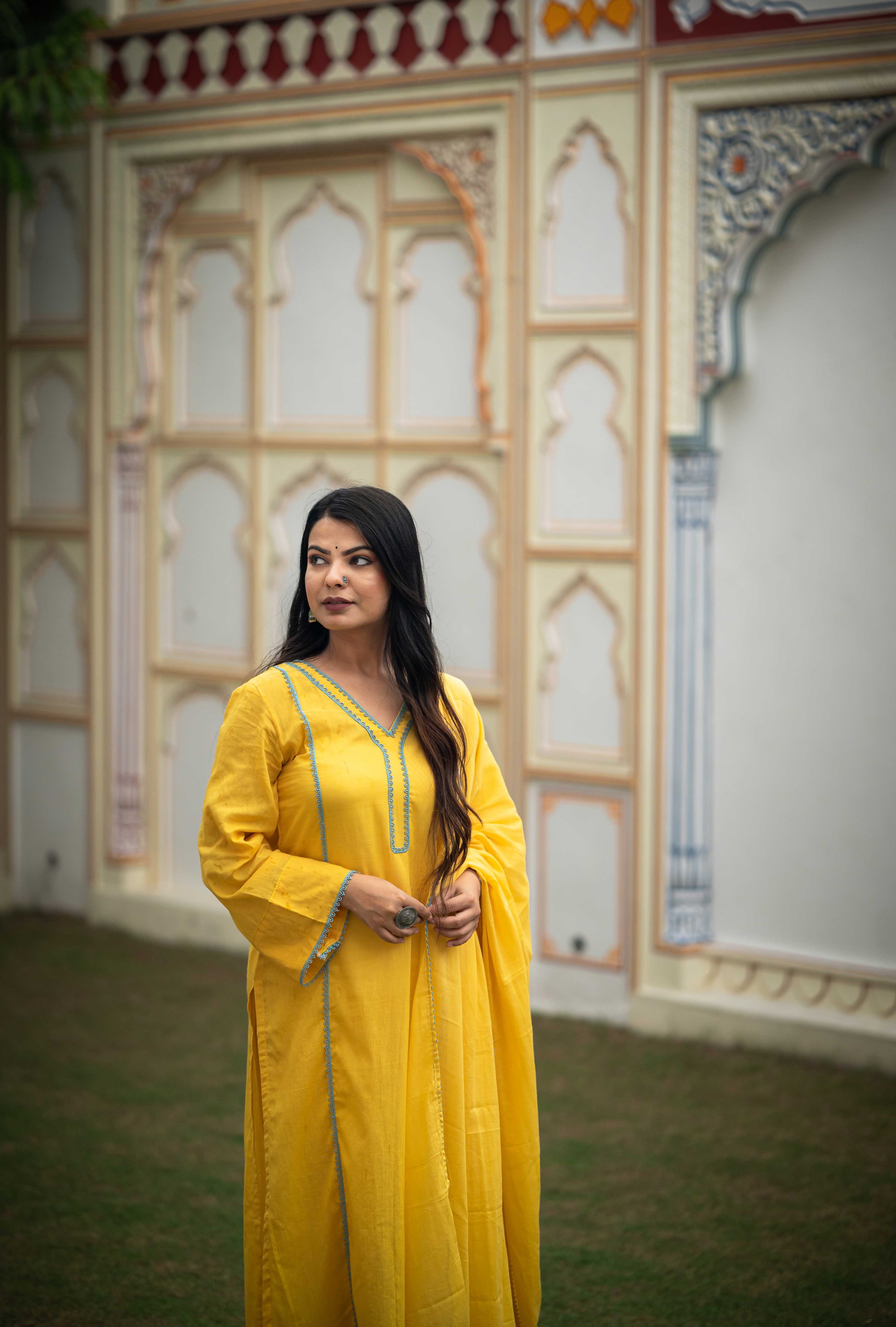 Keerat Yellow Laced Mulmul Suit Set