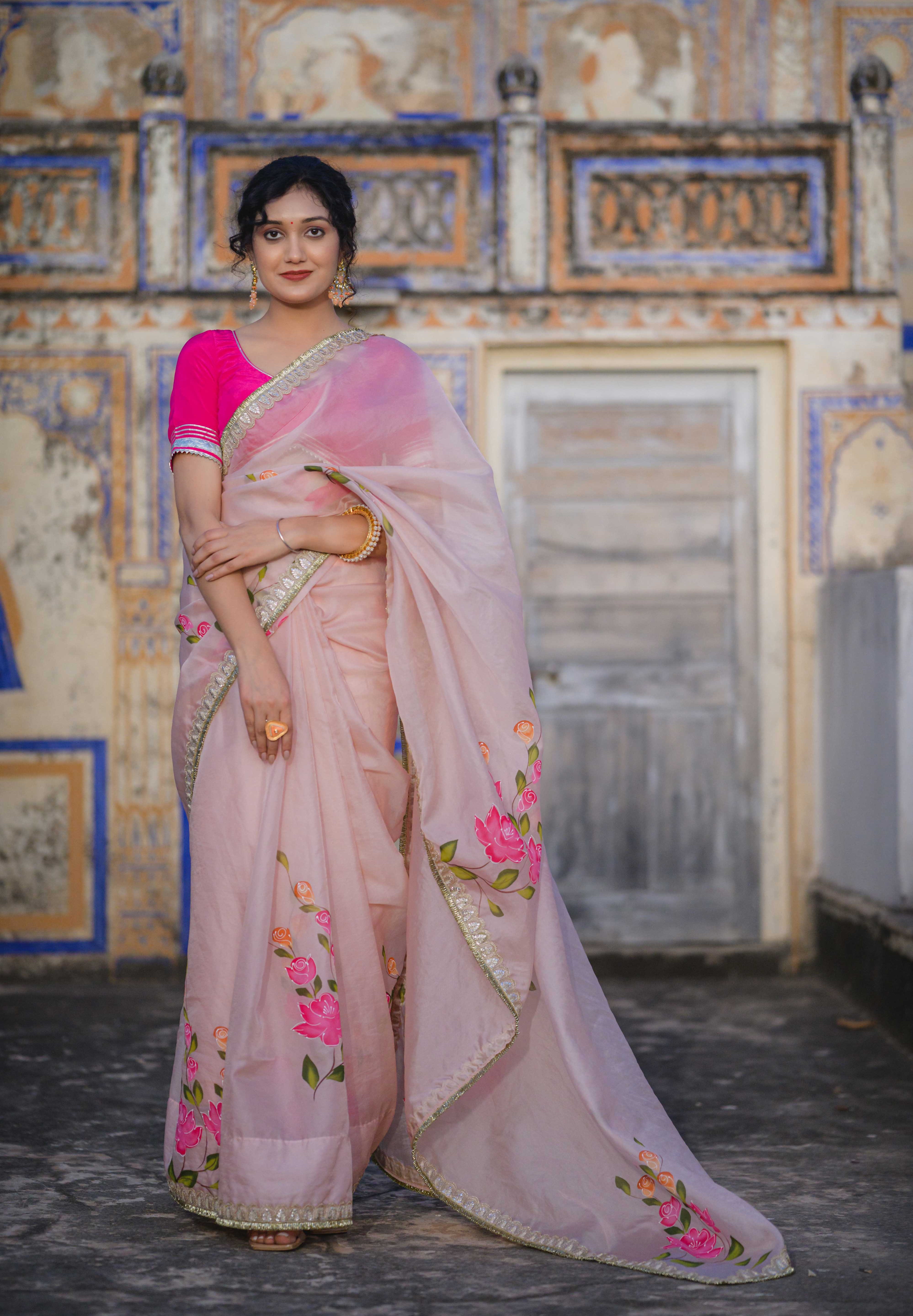 Gulmohar Pink  Organza Saree