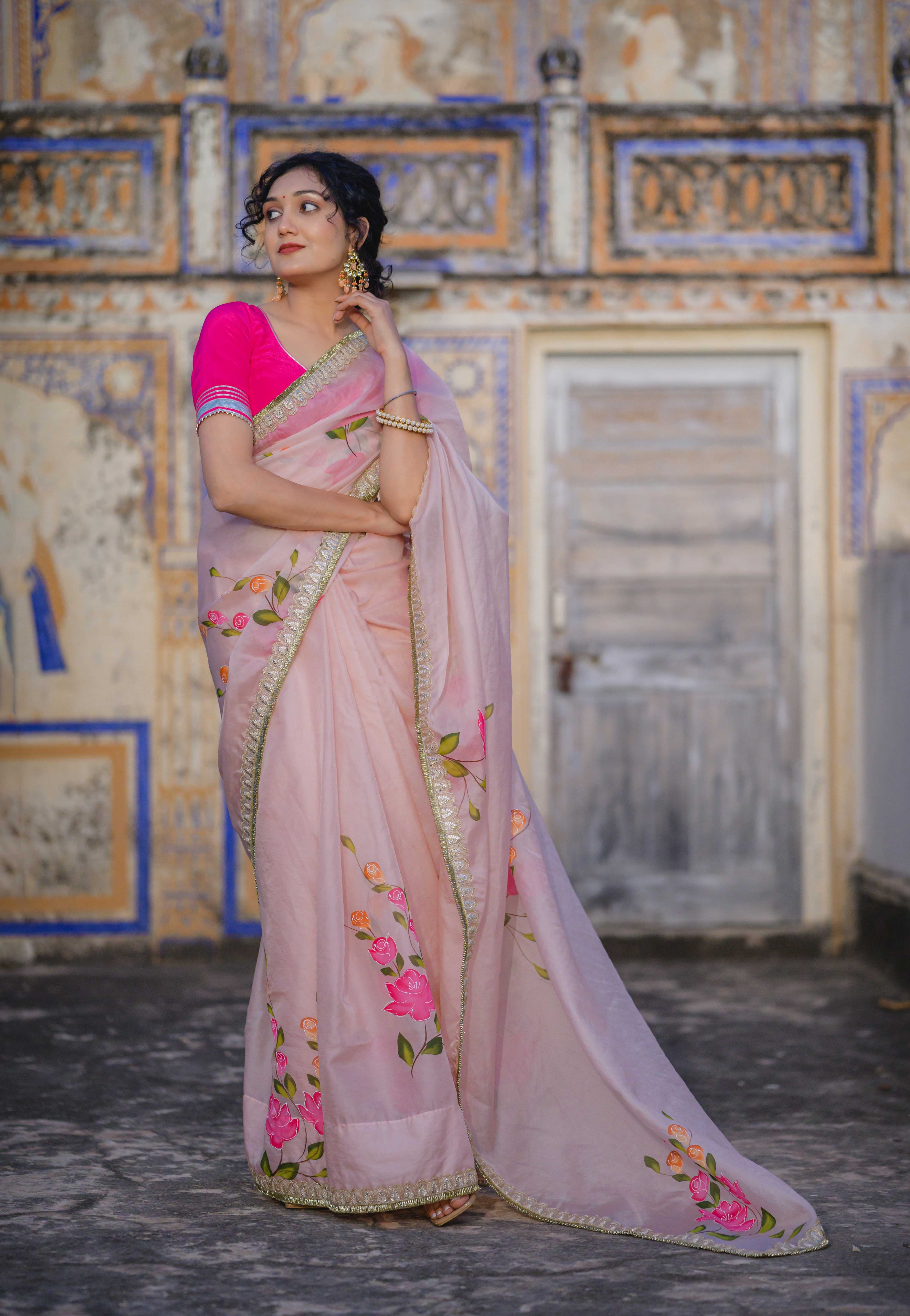 Gulmohar Pink  Organza Saree