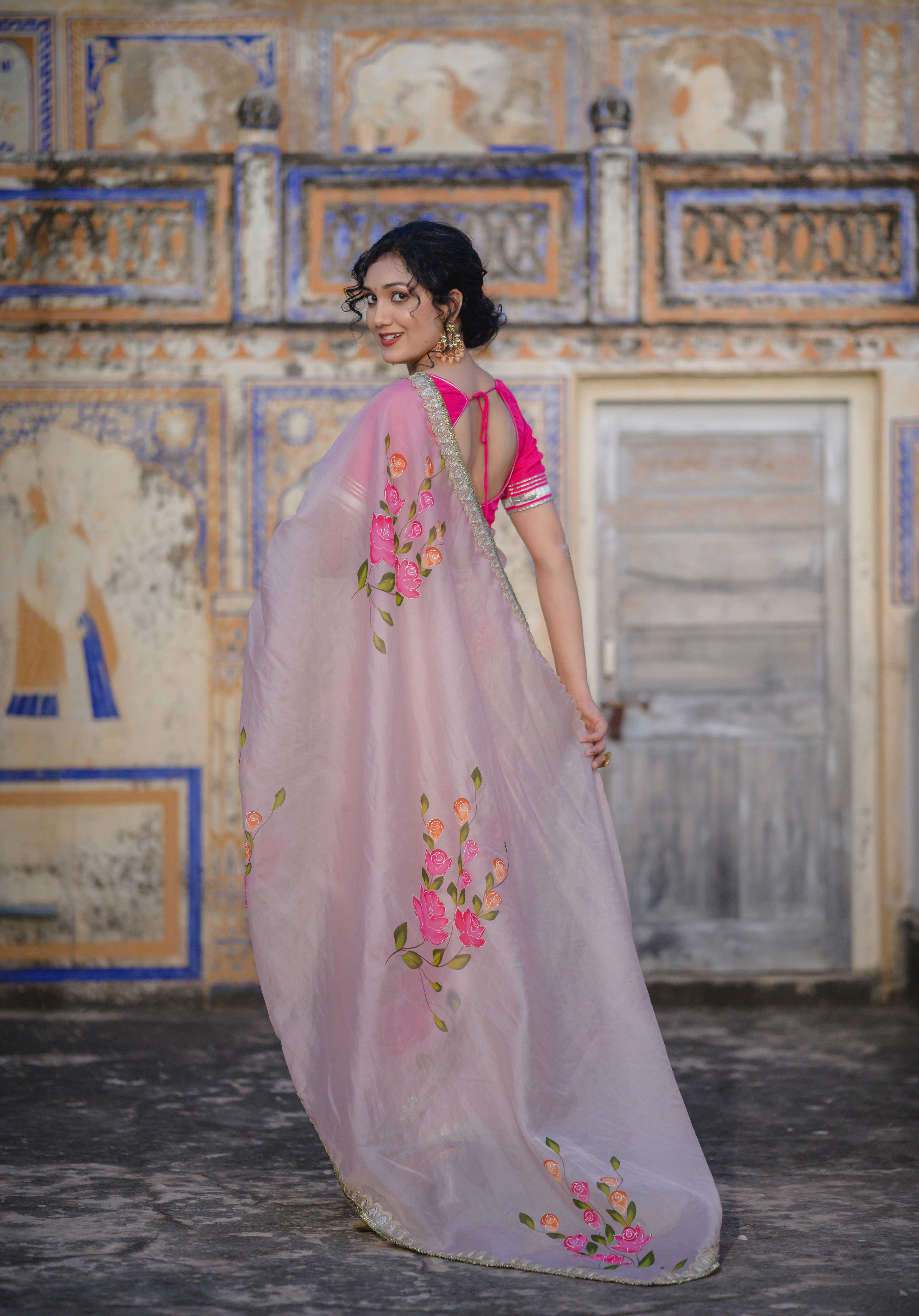 Gulmohar Pink  Organza Saree