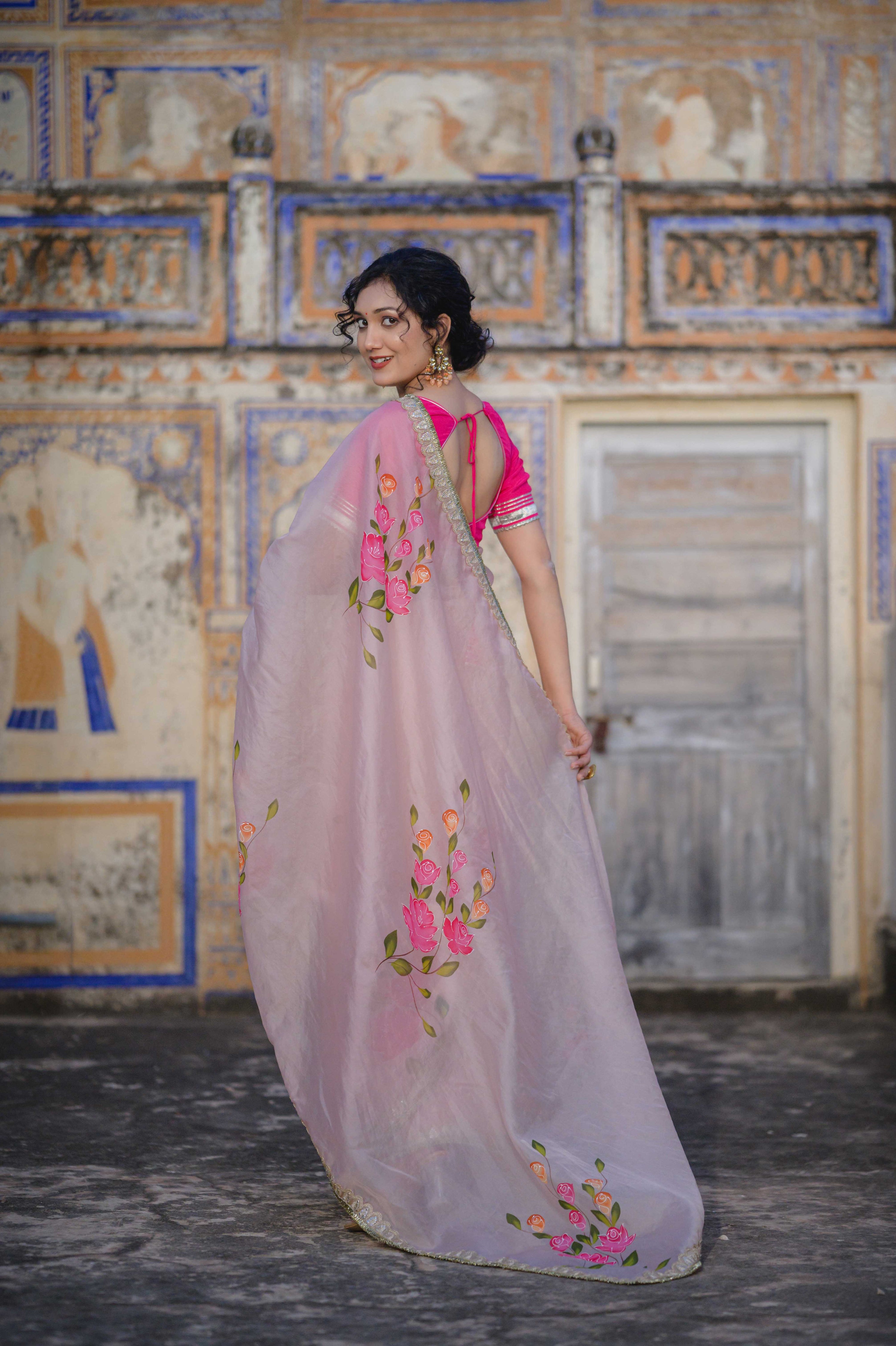 Gulmohar Pink  Organza Saree