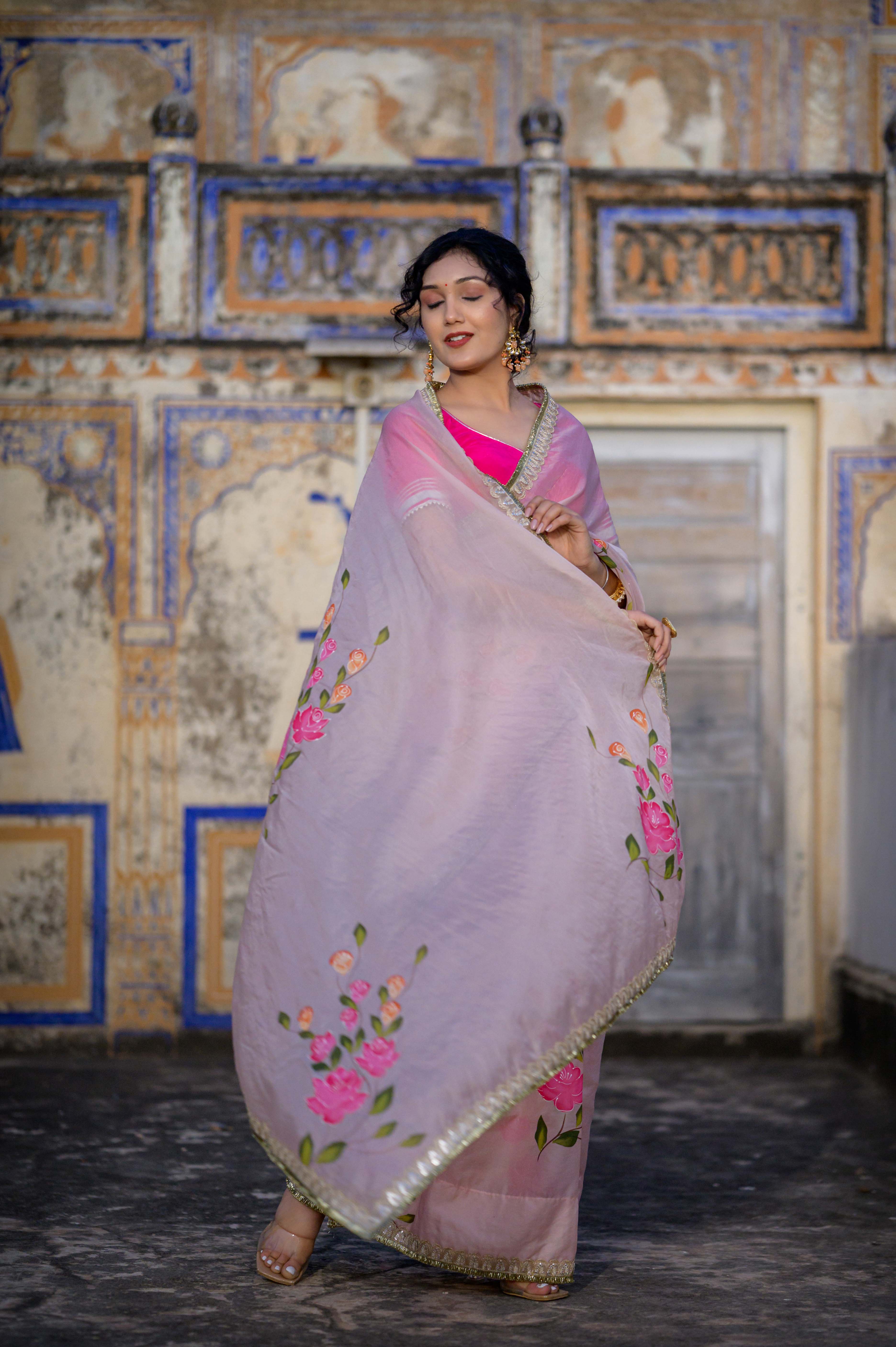 Gulmohar Pink  Organza Saree
