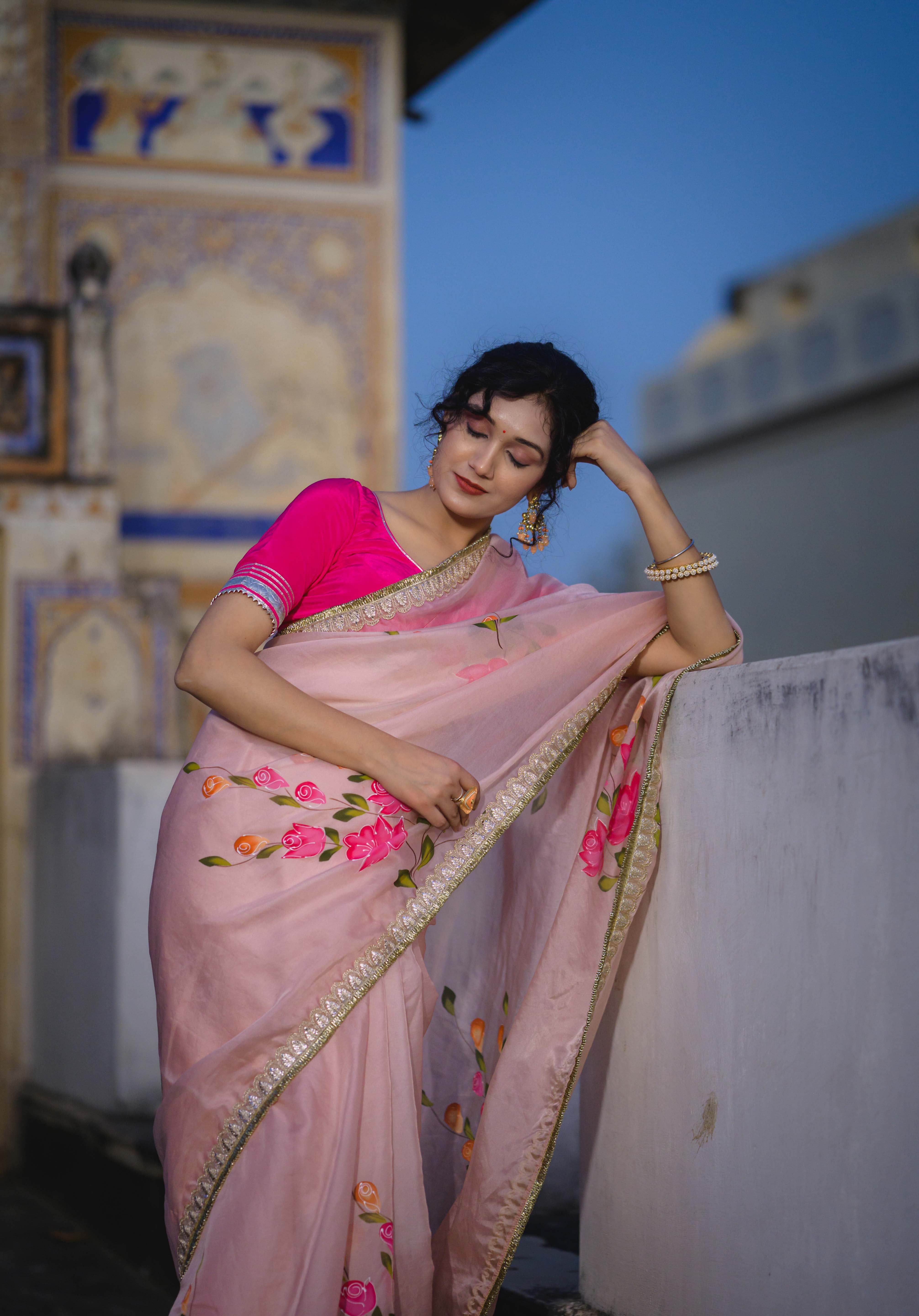 Gulmohar Pink  Organza Saree