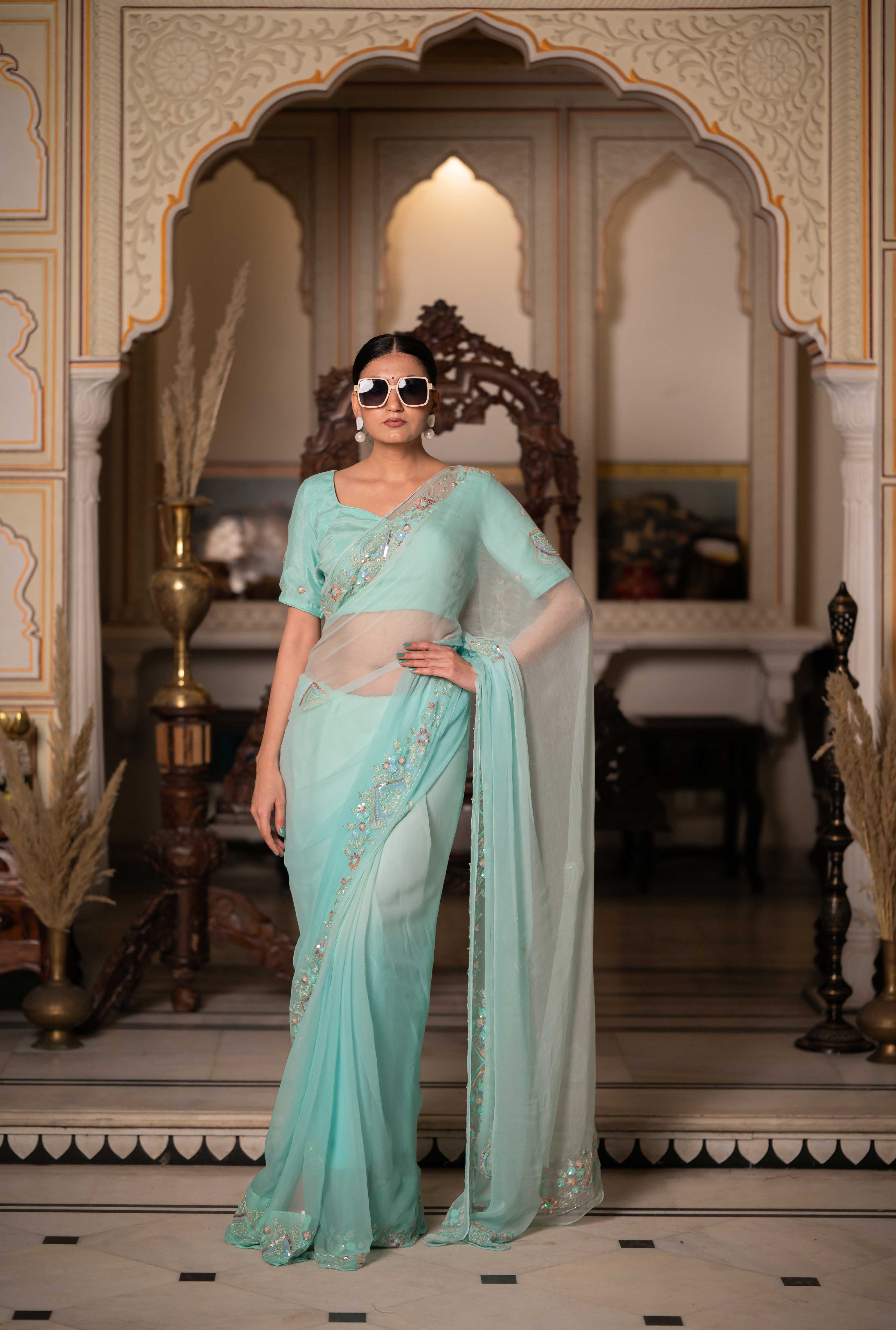 Sea Green Zari Tari Saree