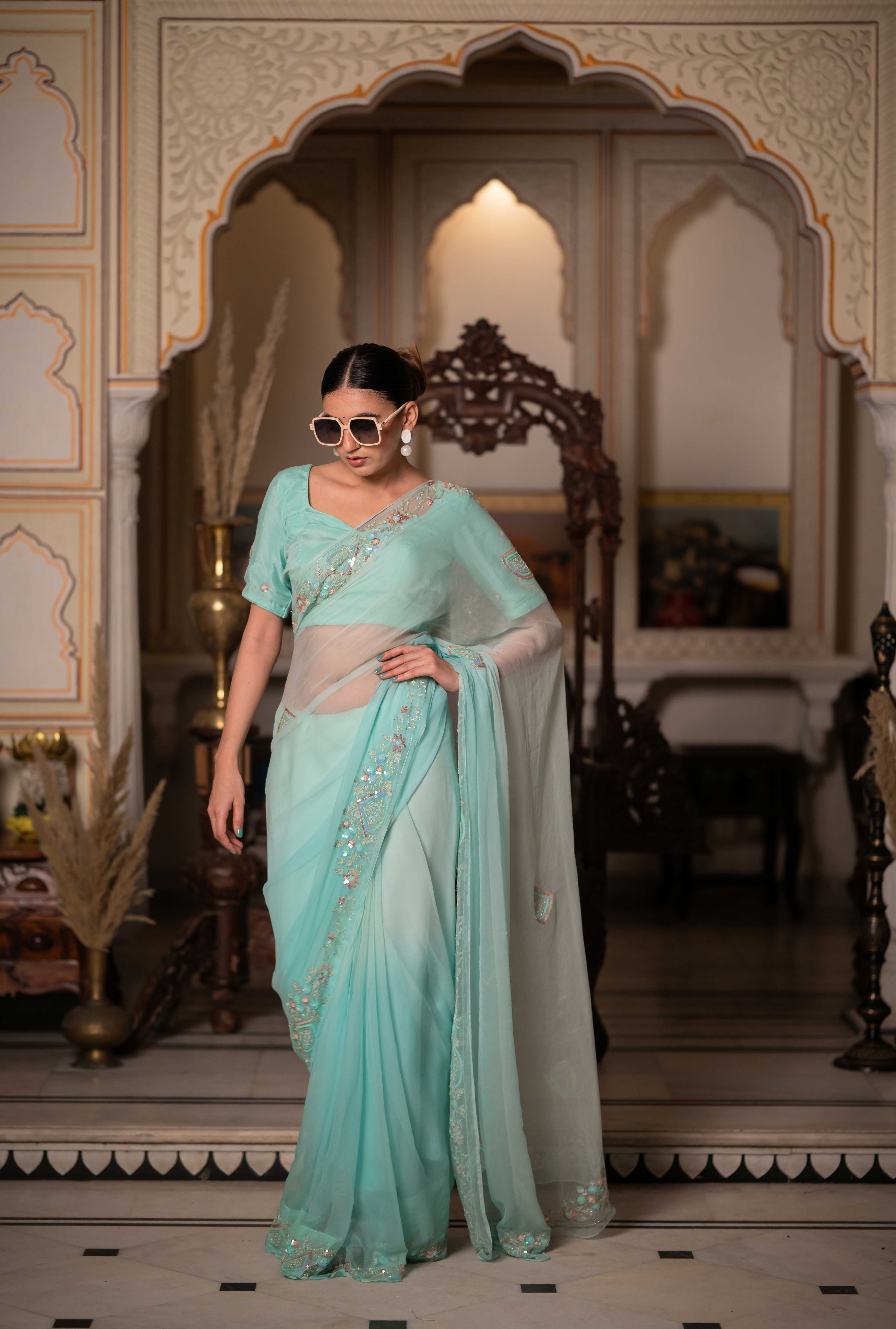 Sea Green Zari Tari Saree