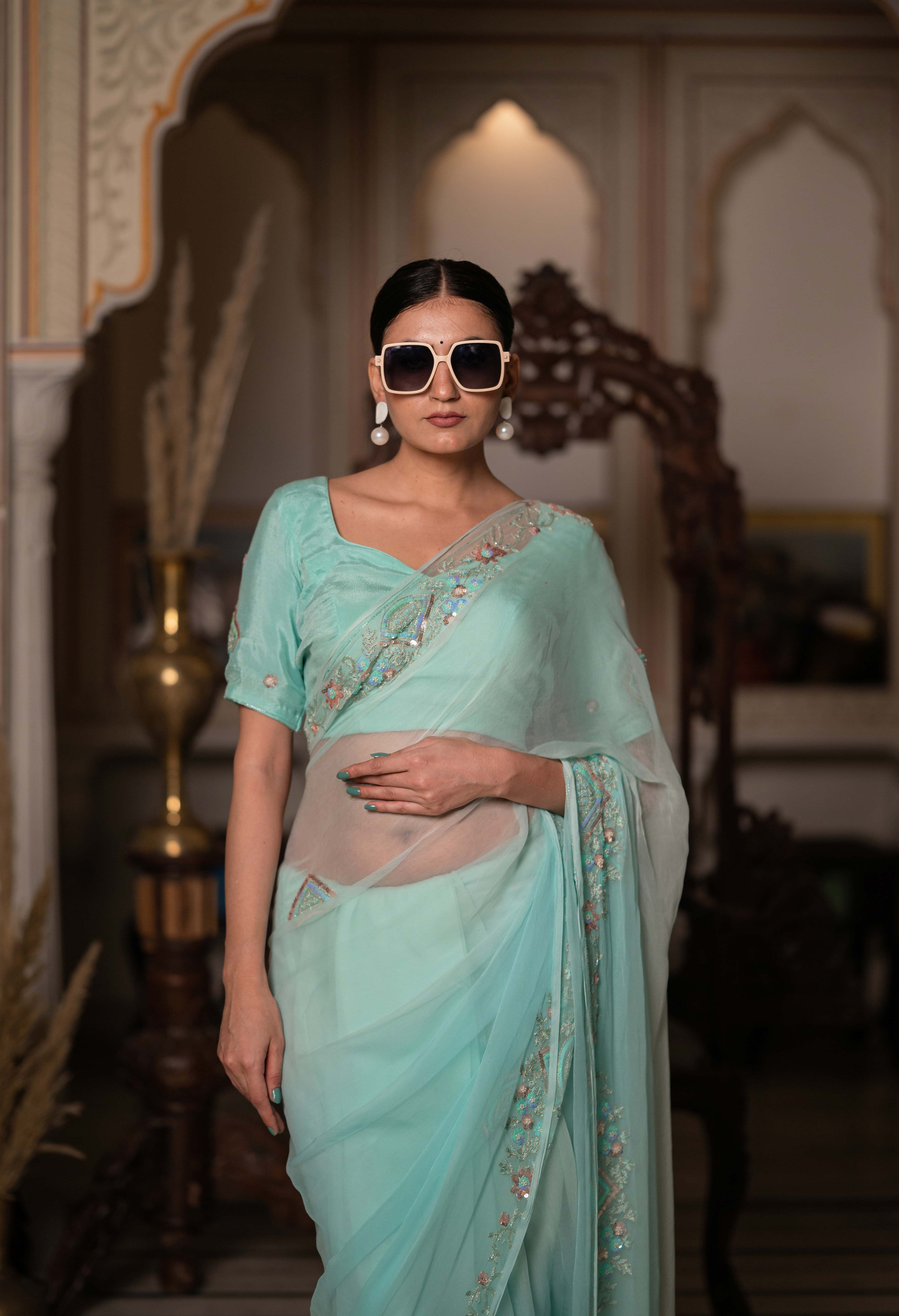 Sea Green Zari Tari Saree