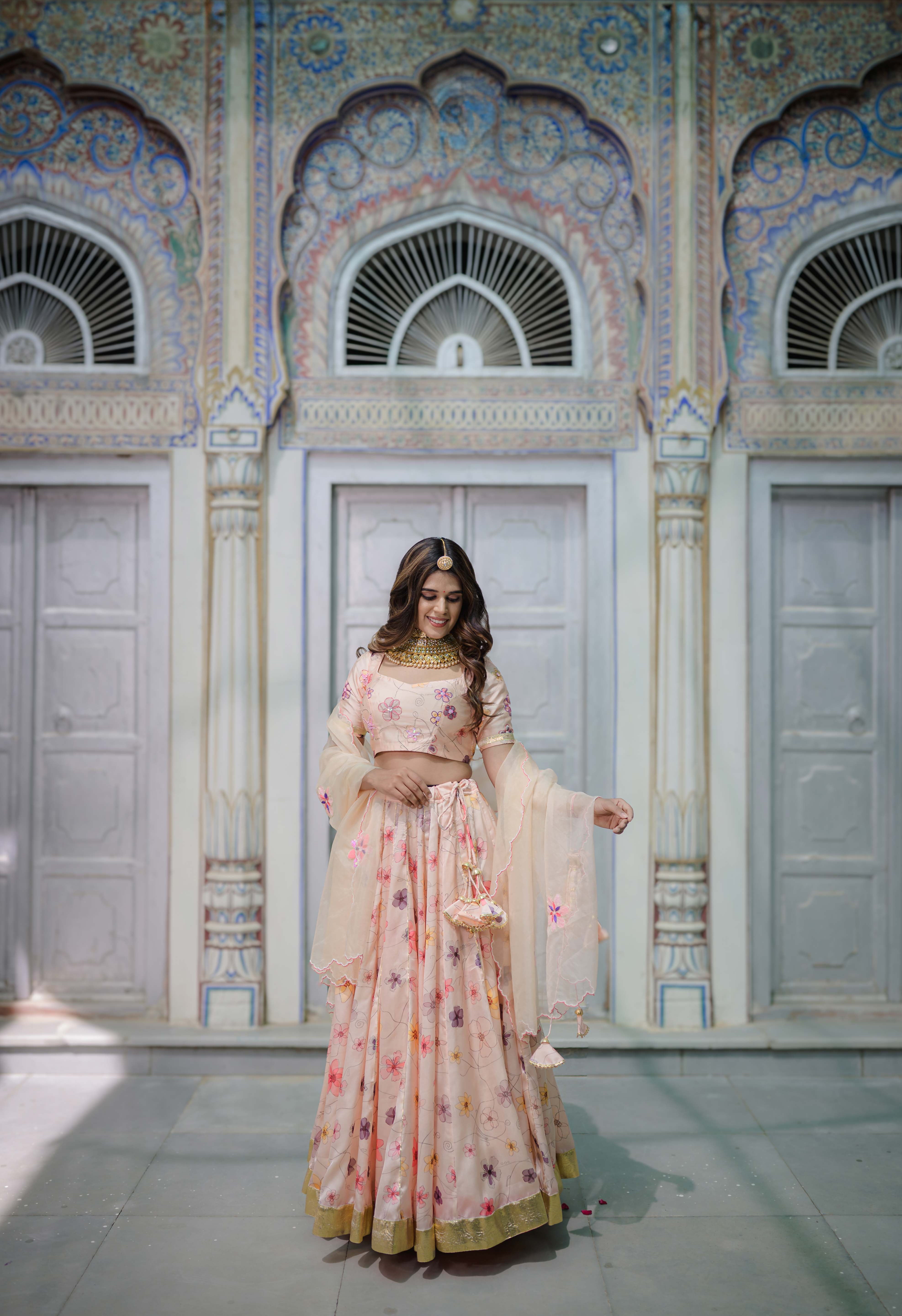 Peach Satin Handcrafted Bridal Lehenga – Hand Painted Festive Wear