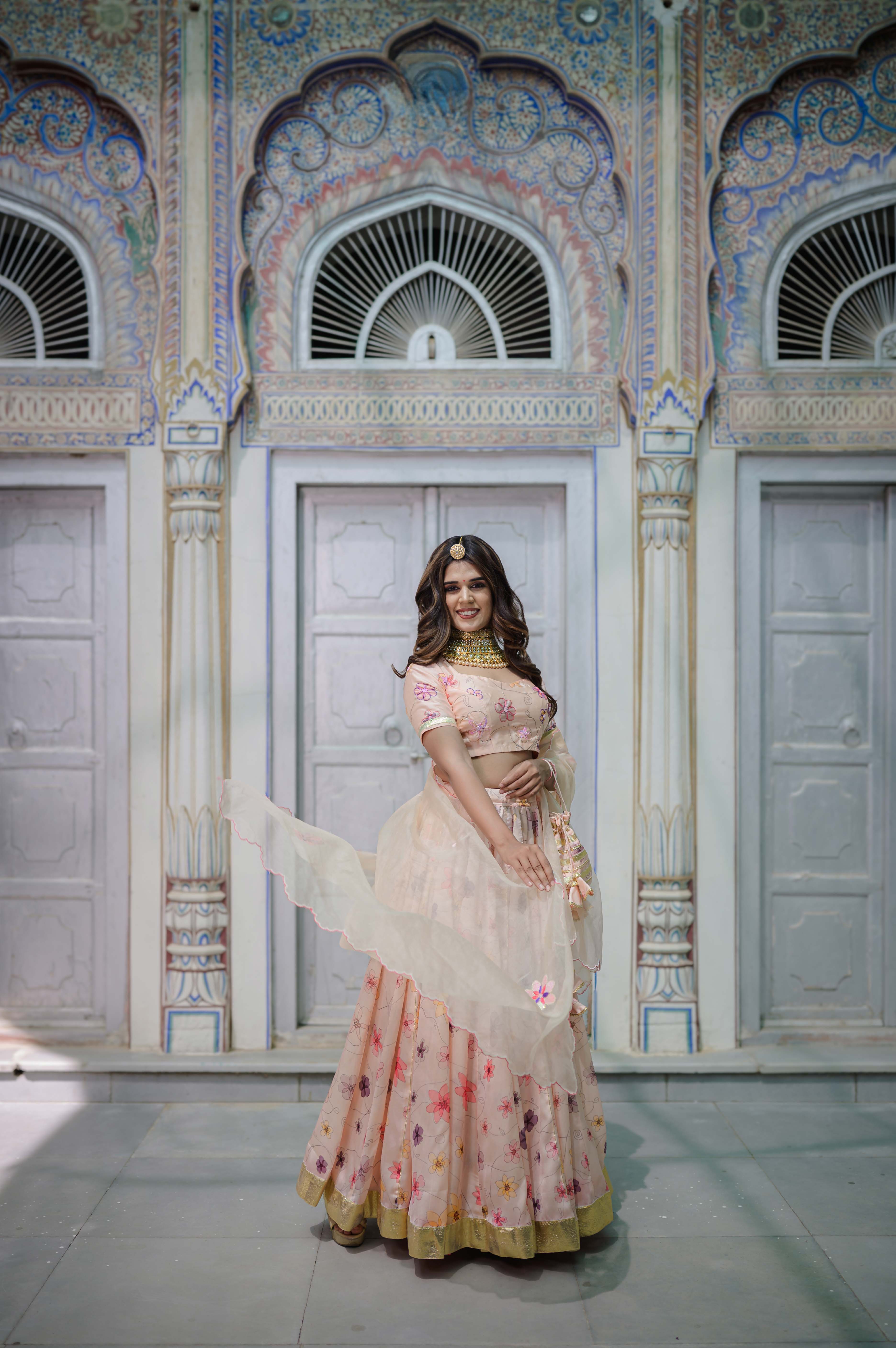 Peach Satin Handcrafted Bridal Lehenga – Hand Painted Festive Wear