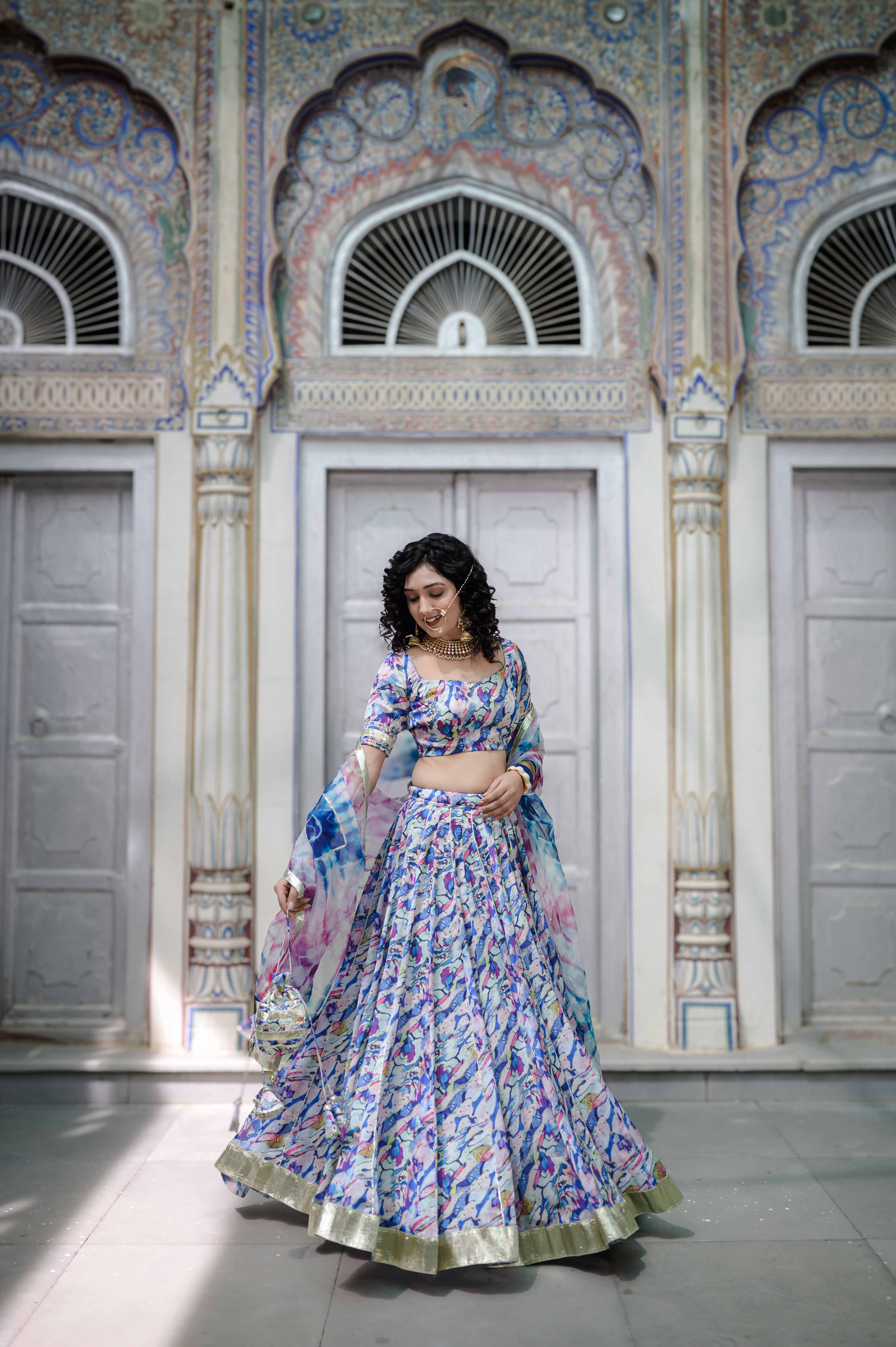 Pastel Satin Lehenga Set – Elegant Hand-Painted Wedding Wear