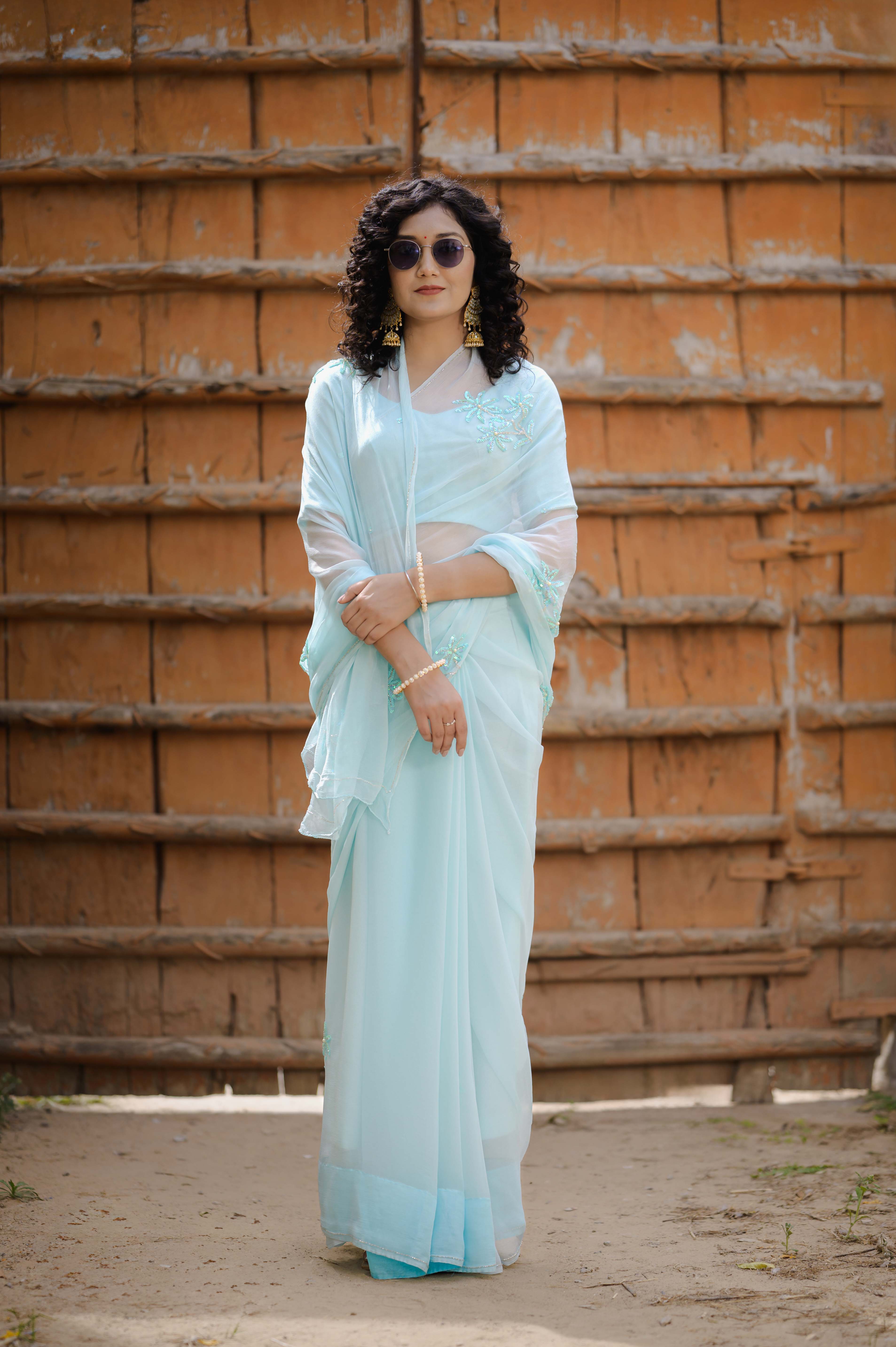 Aabha Blue Tari Buta Saree