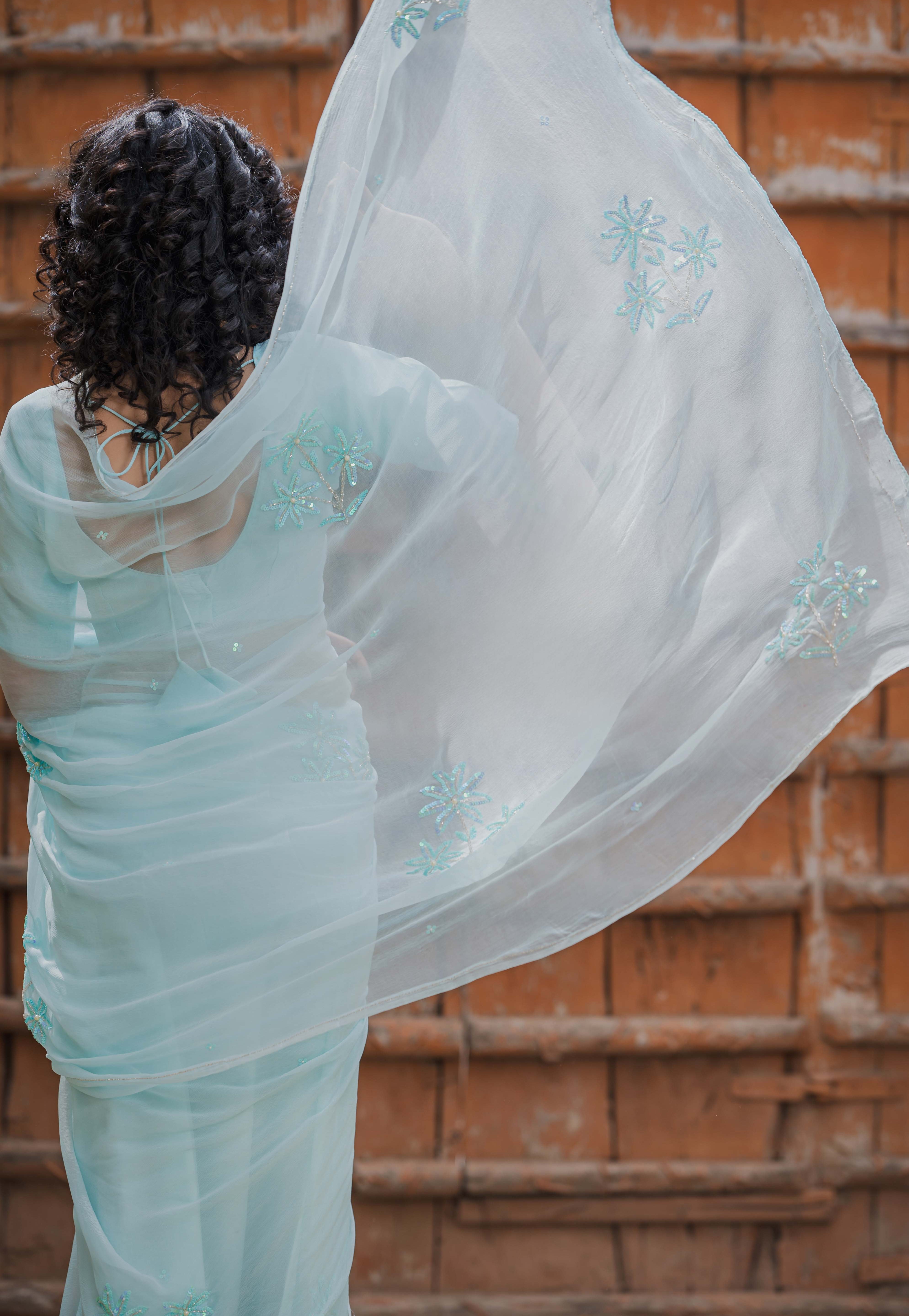 Aabha Blue Tari Buta Saree