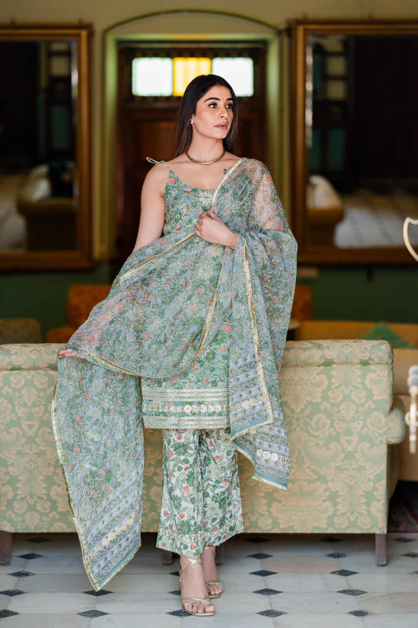 Arohi Mint Green Hand Blocked Suit set