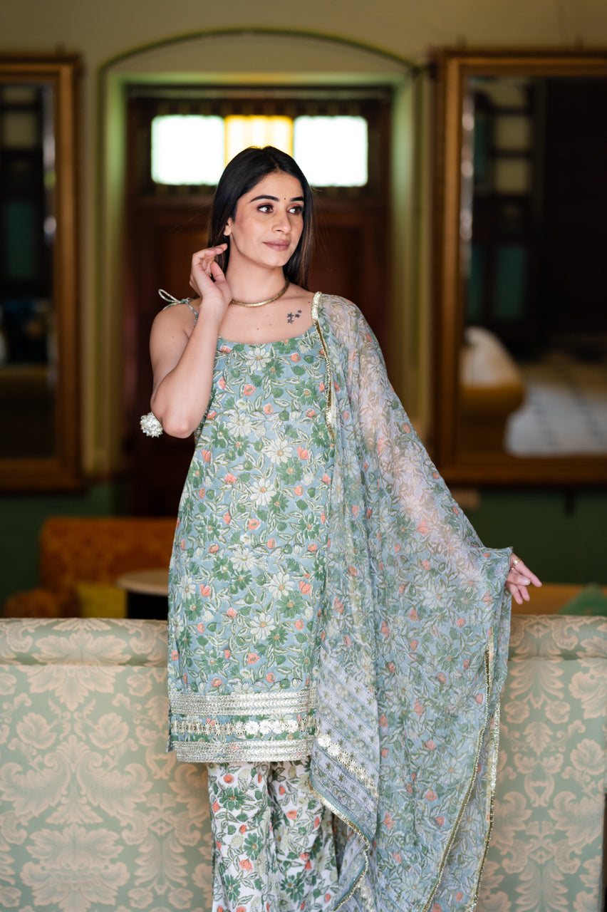 Arohi Mint Green Hand Blocked Suit set