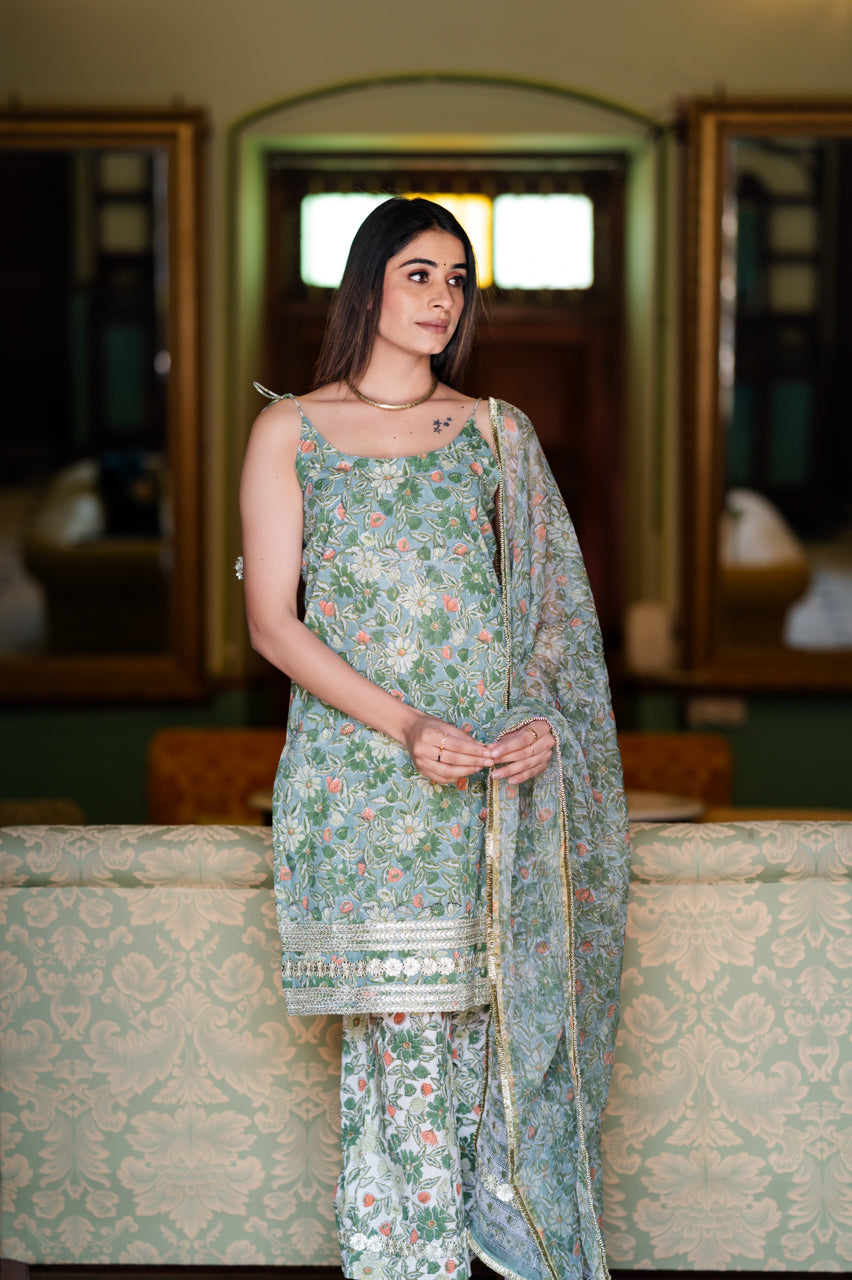 Arohi Mint Green Hand Blocked Suit set