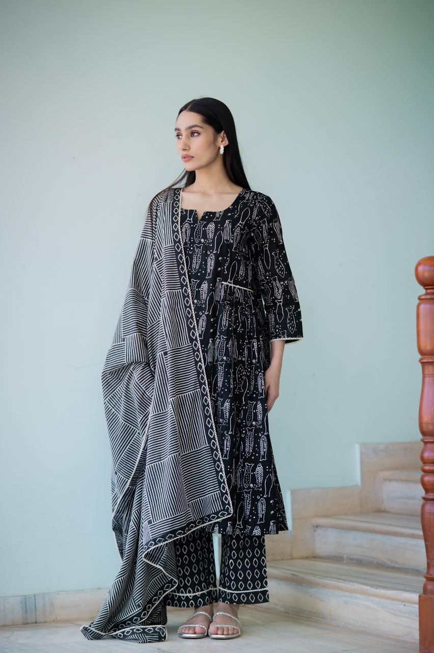 Black Dabu Hand Printed Suit set