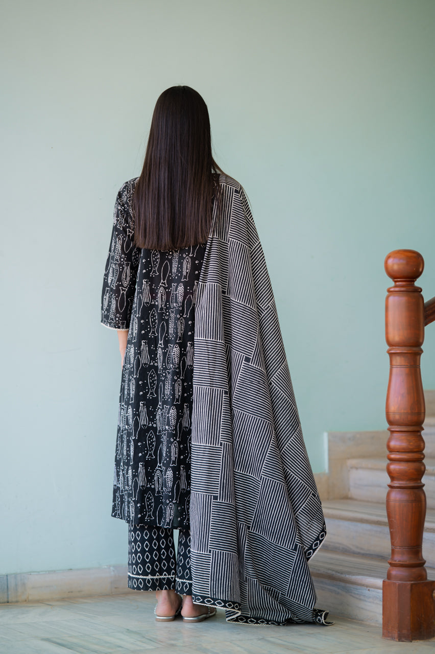 Black Dabu Hand Printed Suit set