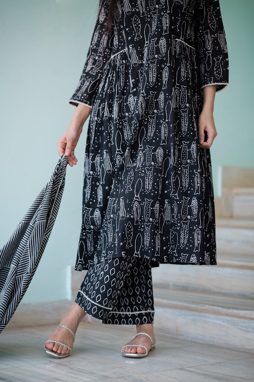 Black Dabu Hand Printed Suit set