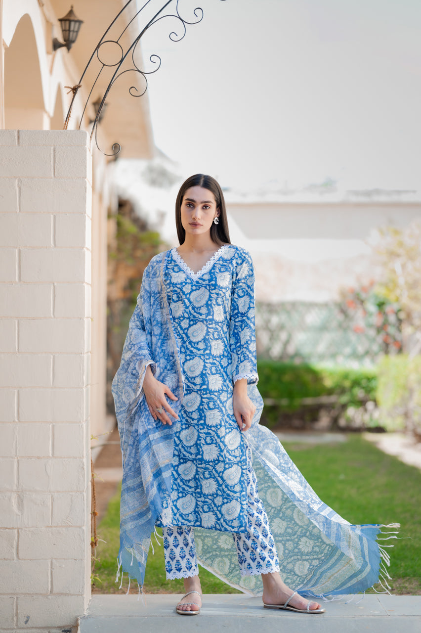 Blue Hand Blocked Printed Suit set