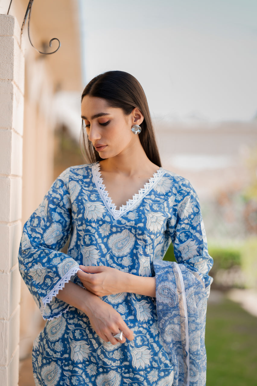 Blue Hand Blocked Printed Suit set