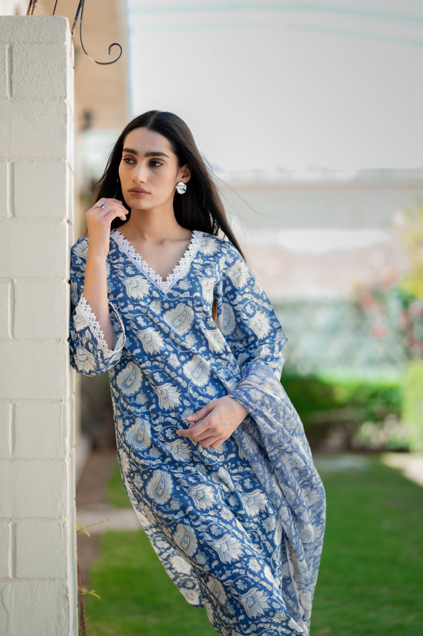 Blue Hand Blocked Printed Suit set