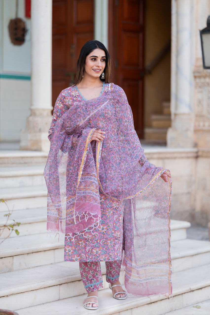 Flamingo Pink Hand Blocked Suit Set