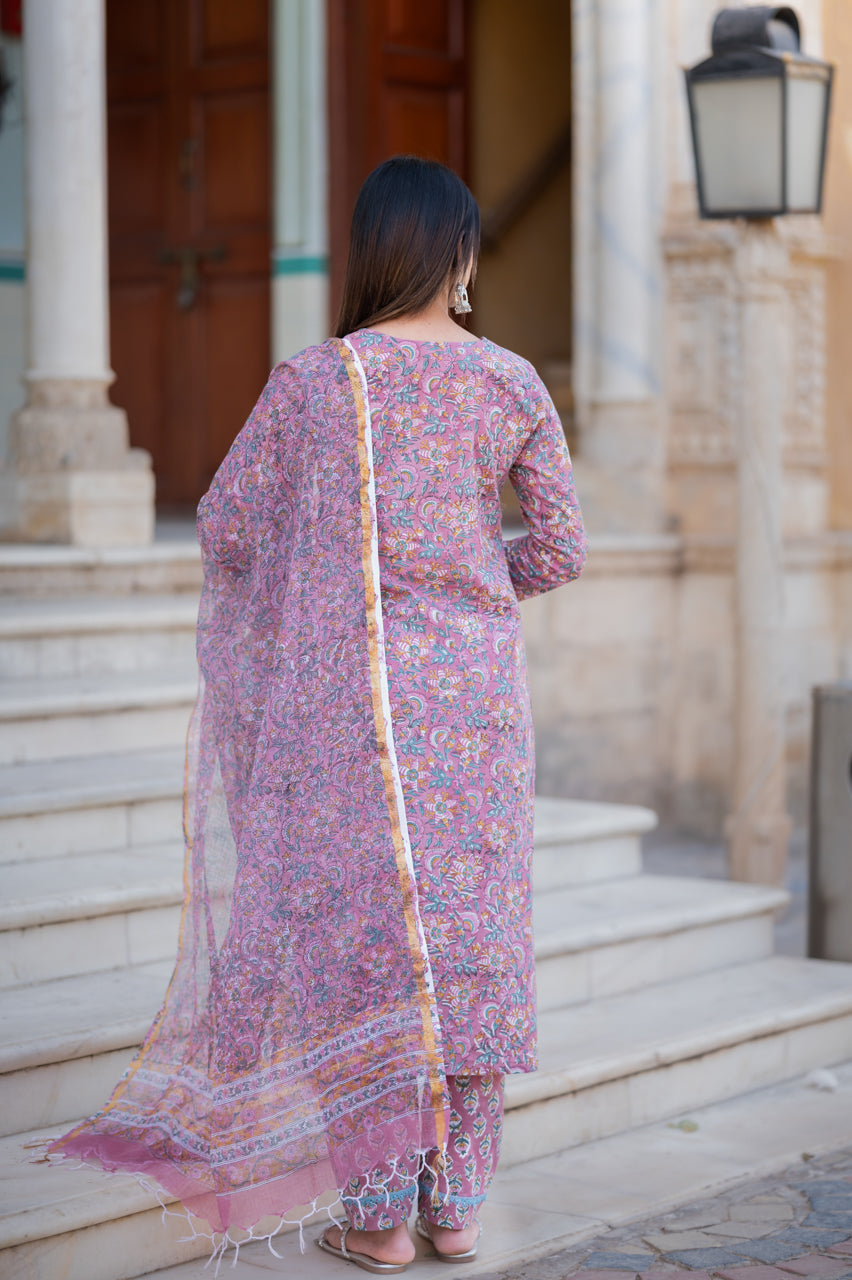Flamingo Pink Hand Blocked Suit Set