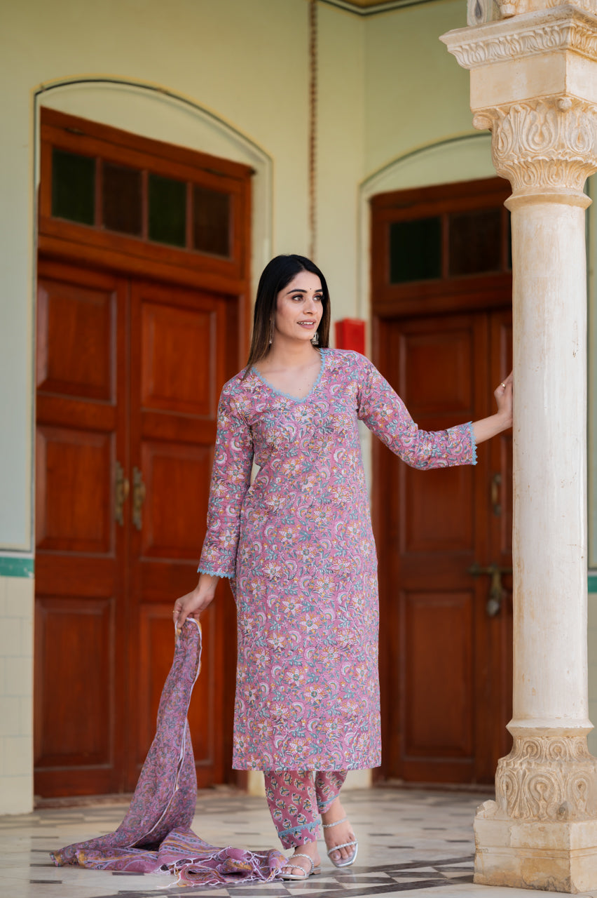 Flamingo Pink Hand Blocked Suit Set