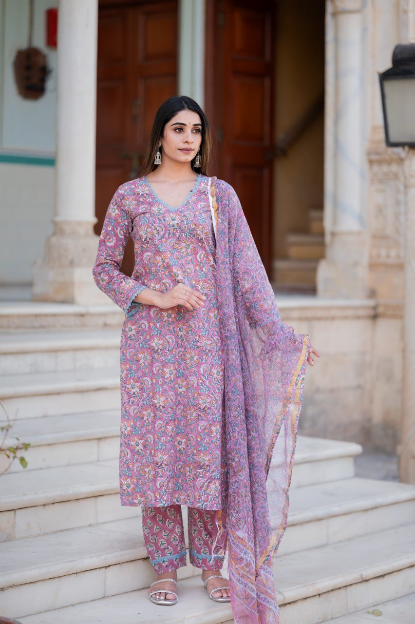 Flamingo Pink Hand Blocked Suit Set