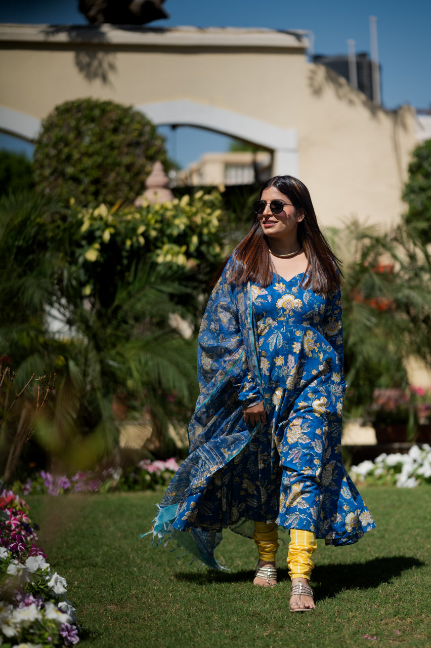 Garima Blue Hand Blocked Suit Set