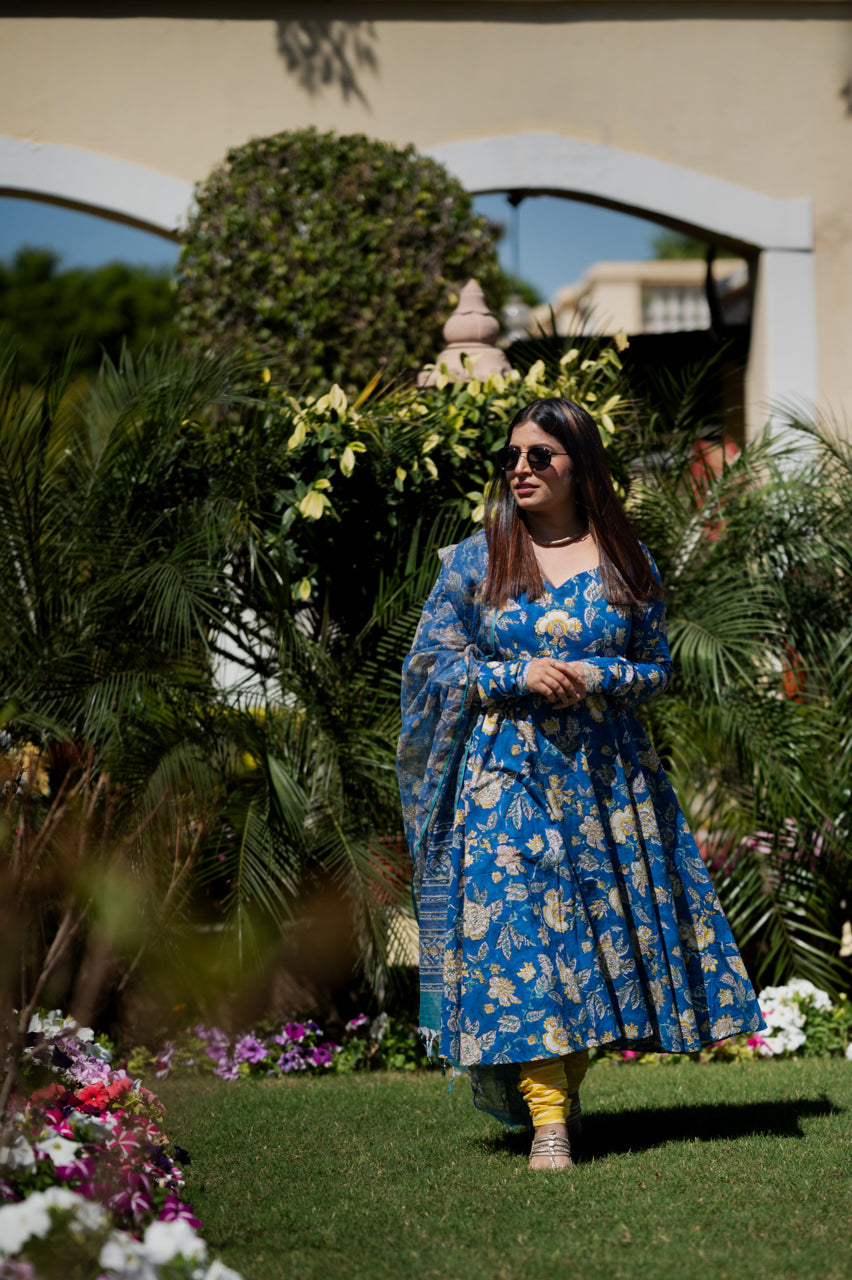Garima Blue Hand Blocked Suit Set