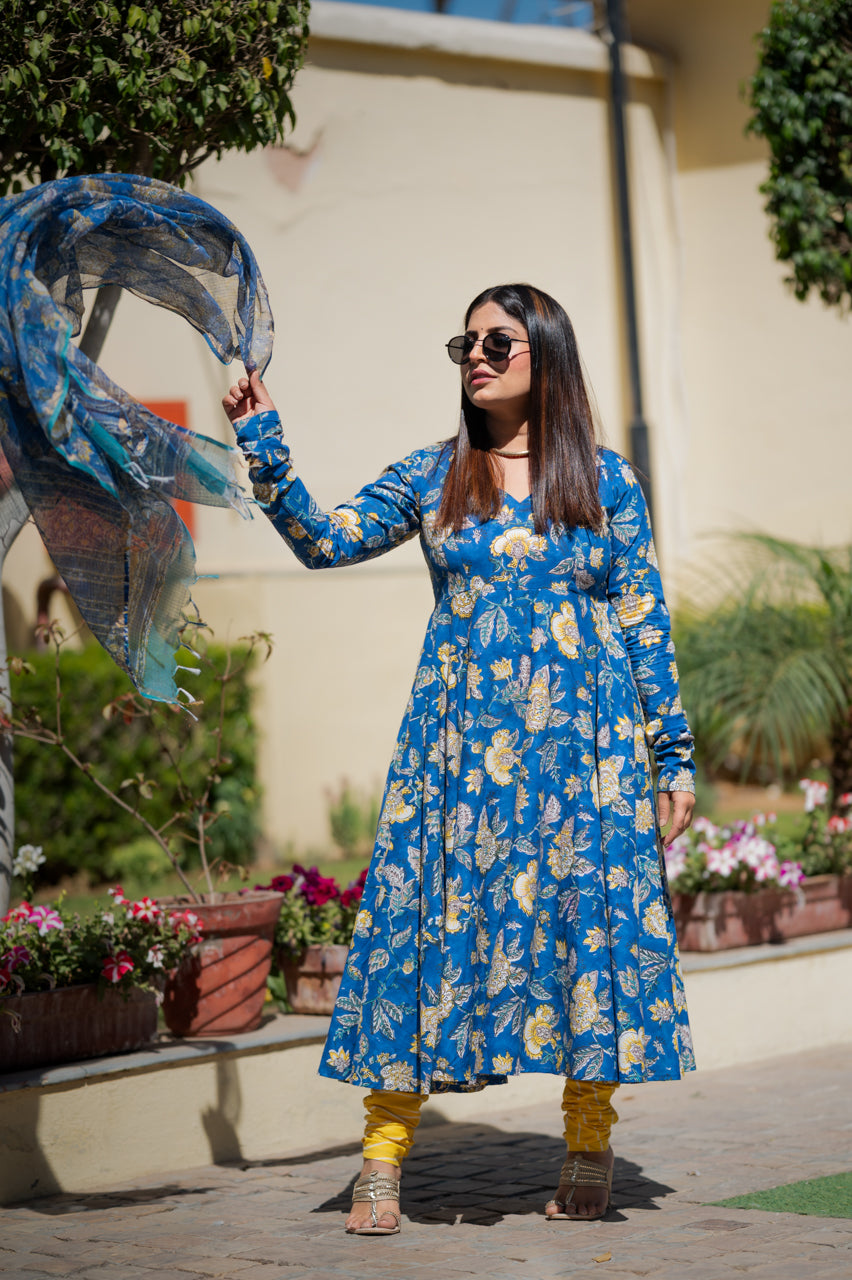 Garima Blue Hand Blocked Suit Set