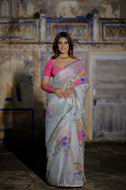Hirva Pestal Blue Organza Saree