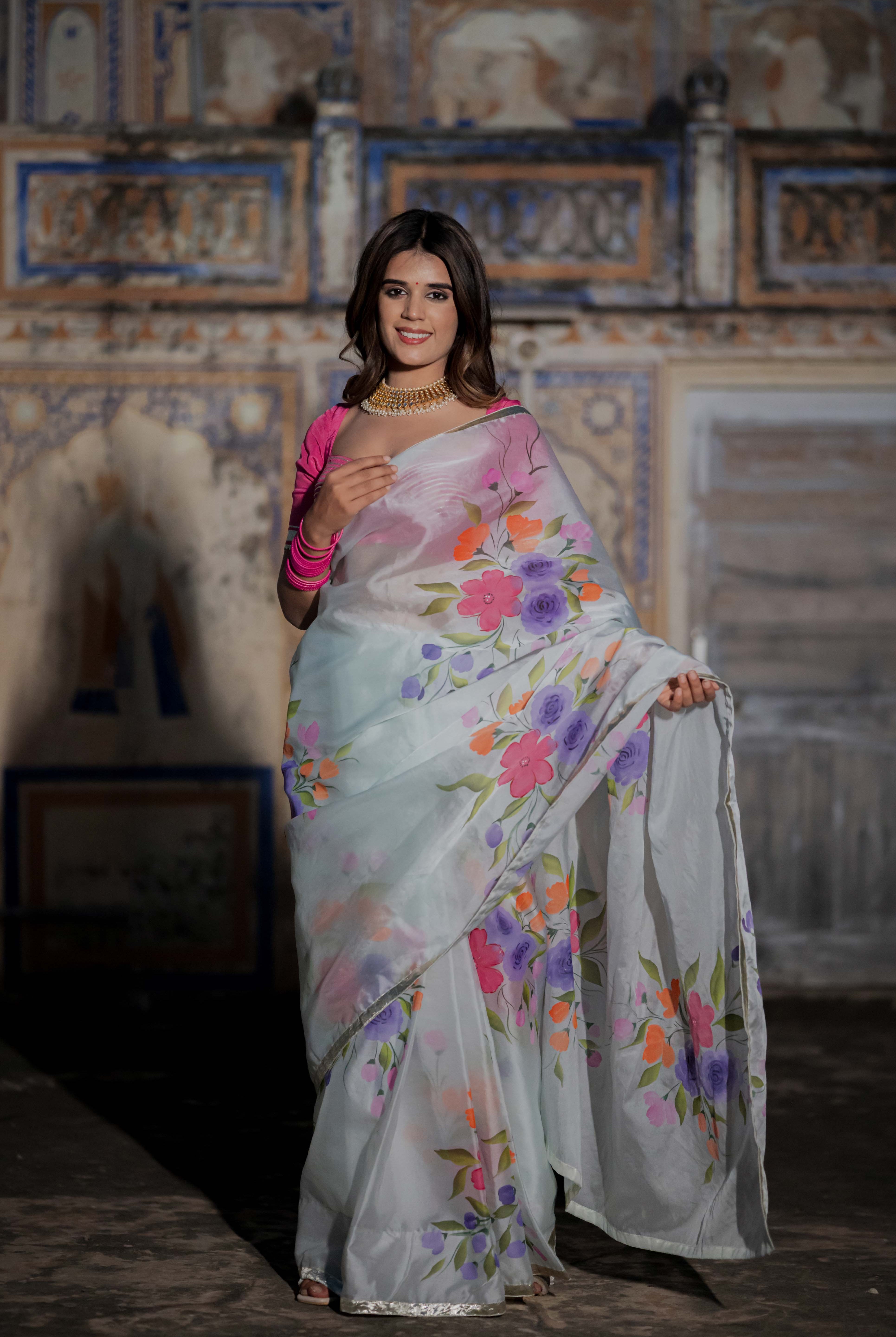 Hirva Pestal Blue Organza Saree