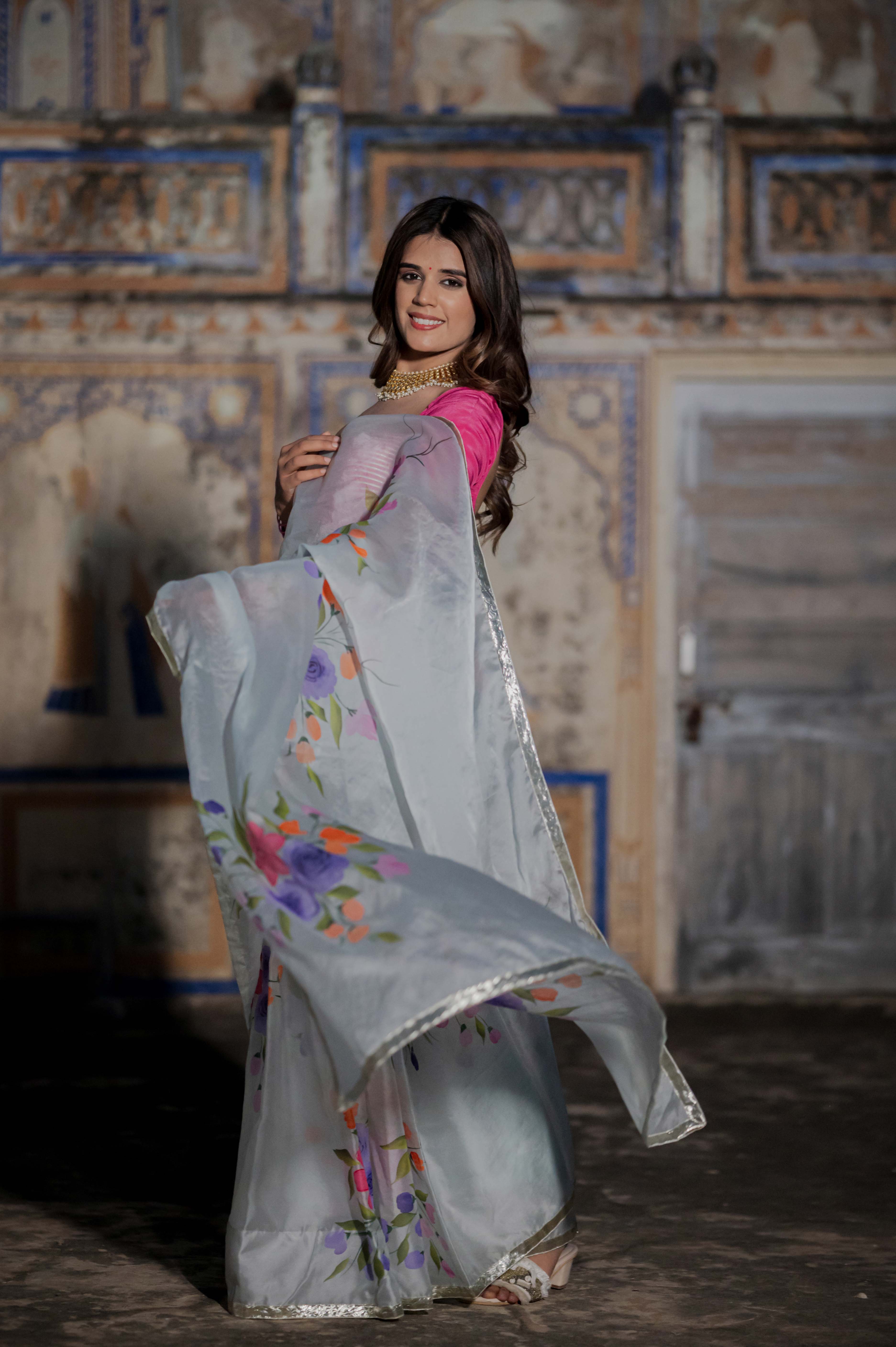 Hirva Pestal Blue Organza Saree