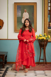 Karwa Red Organza Hand Painted  Suit Set