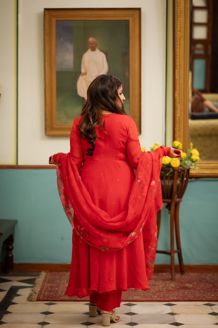 Karwa Red Organza Hand Painted  Suit Set