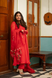 Karwa Red Organza Hand Painted  Suit Set