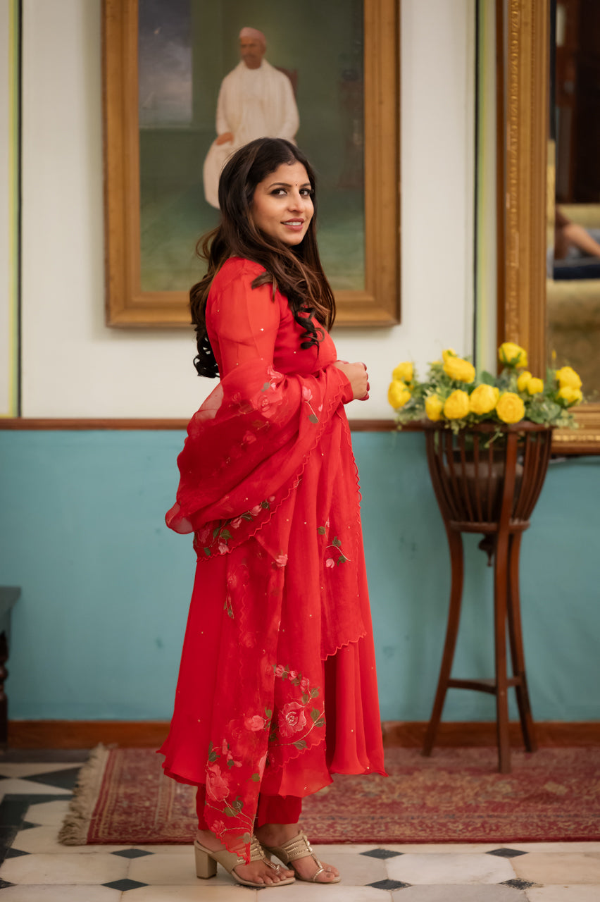 Karwa Red Organza Hand Painted  Suit Set