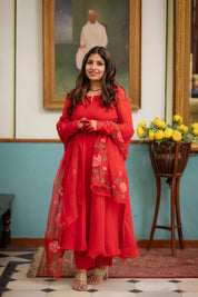 Karwa Red Organza Hand Painted  Suit Set