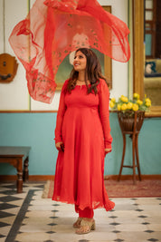 Karwa Red Organza Hand Painted  Suit Set