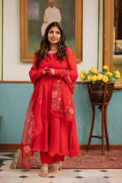 Karwa Red Organza Hand Painted  Suit Set