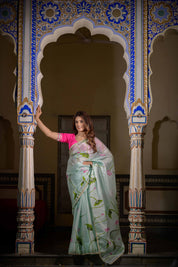 Mint Green Lotus Organza Saree